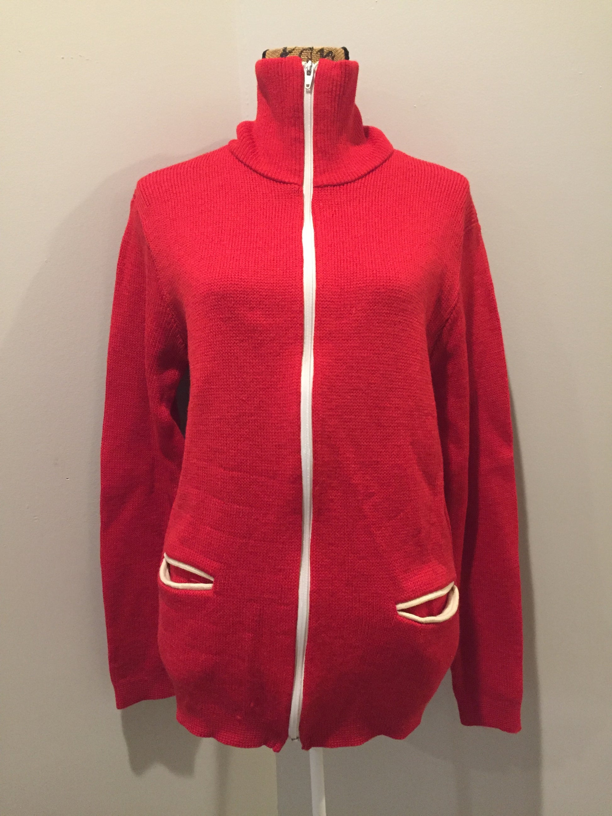 Kingspier Vintage - Vintage Caldwell Knit Rite Mills hand-fashioned cardigan in red with zipper and pockets. Made in Canada.