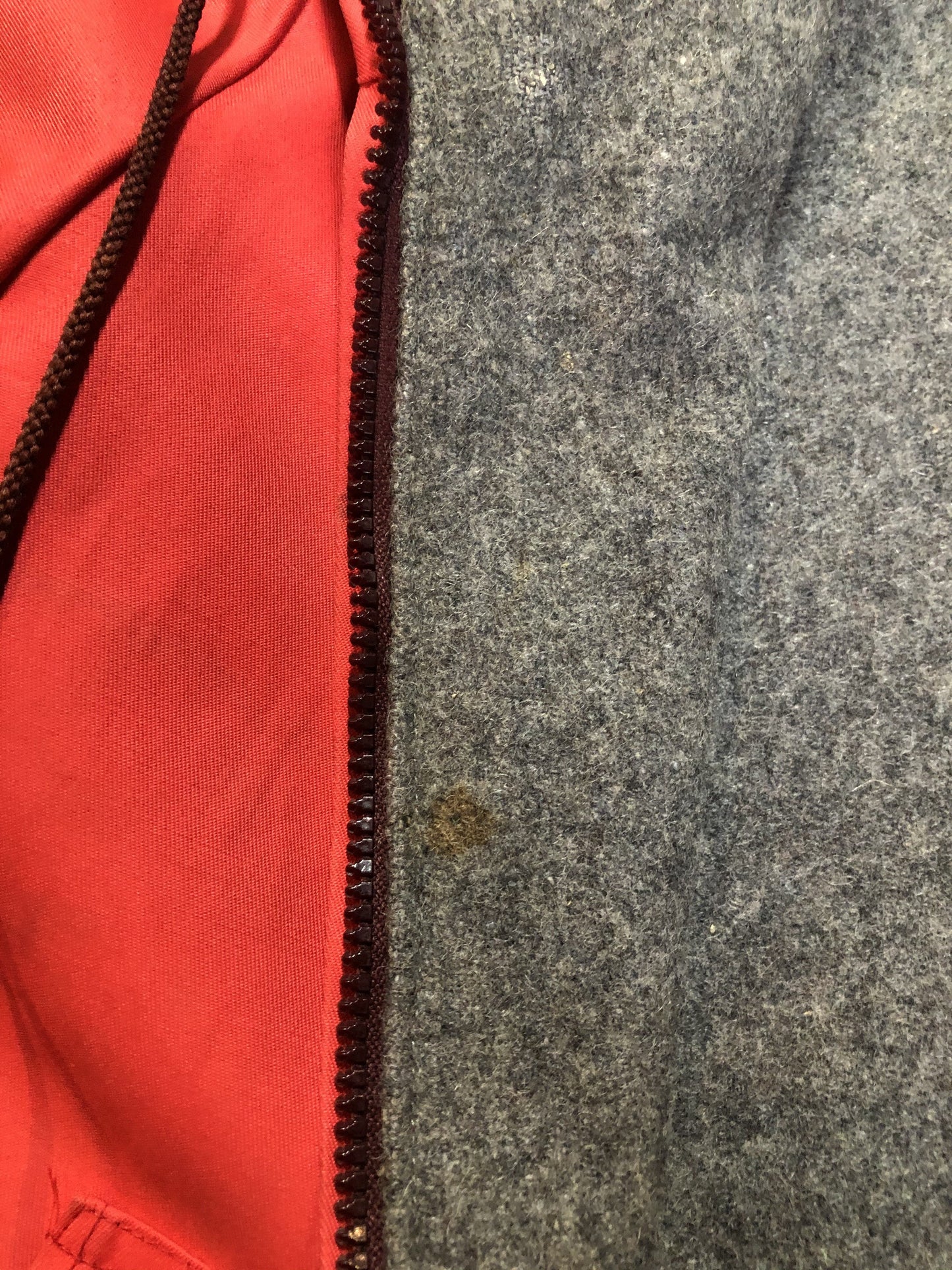 Kingspier Vintage - Children’s red northern parka featuring a hood, fur trim and pom poms, zipper closure, wool lining, patch pockets, embroidered winter scenes along the front. Made in Canada.