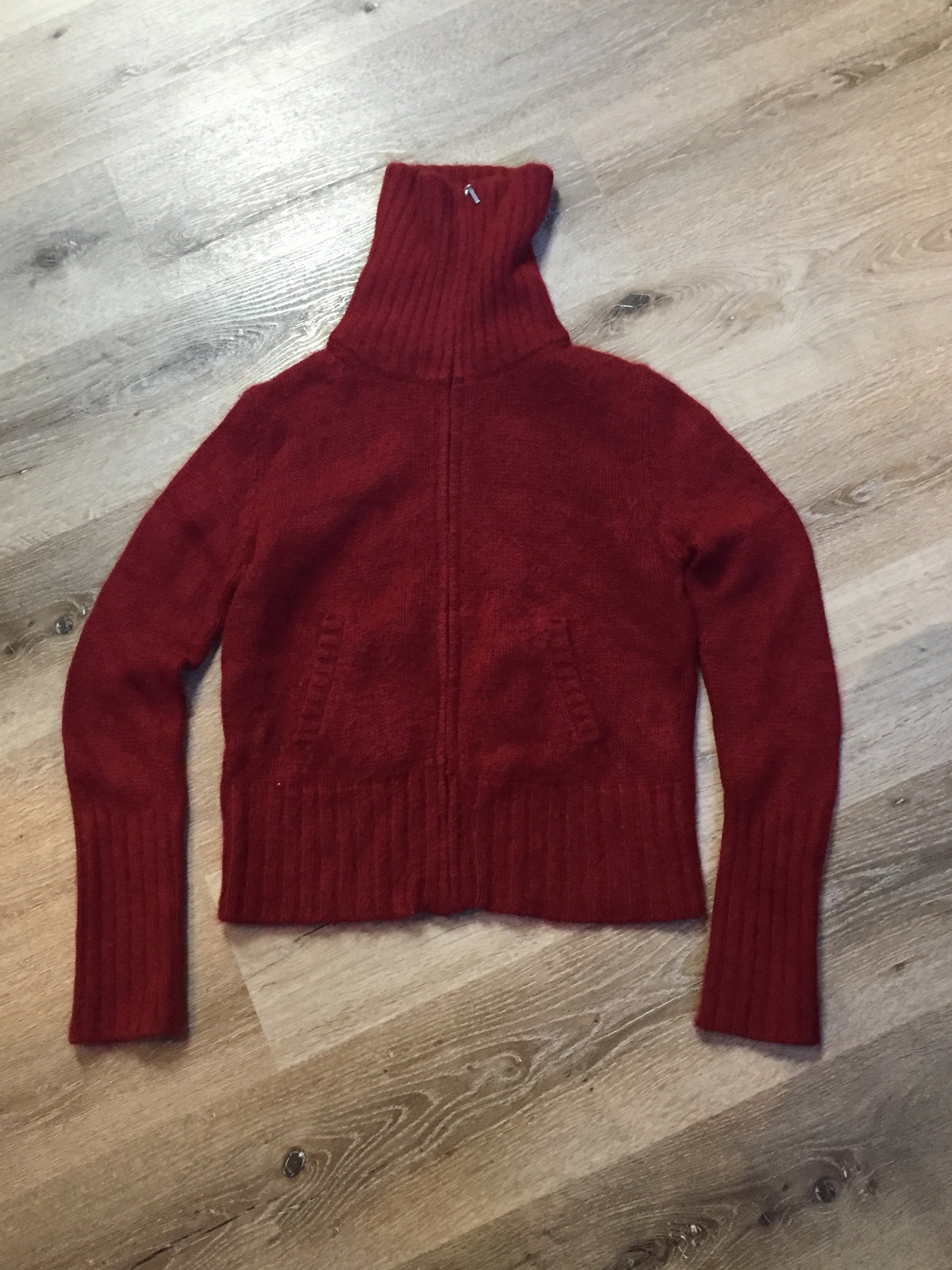 Kingspier Vintage - Roots Angora cardigan in red with zipper and slash pockets. Size small.