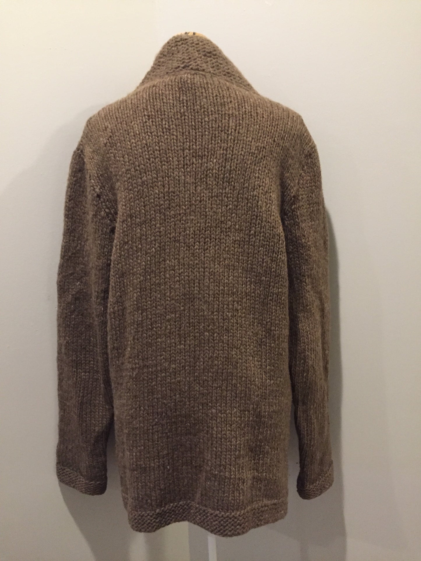 Kingspier Vintage - Hand knit and handspun undyed wool cardigan in brown with button closures and pockets. Made in Nova Scotia, Canada.