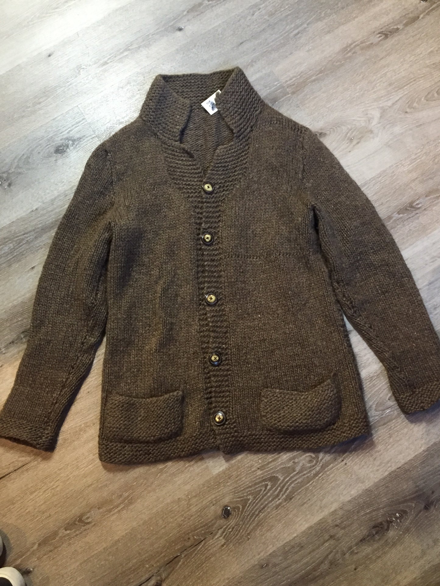 Kingspier Vintage - Hand knit and handspun undyed wool cardigan in brown with button closures and pockets. Made in Nova Scotia, Canada.