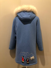 Load image into Gallery viewer, Kingspier Vintage - Northern Sun light blue pure virgin wool northern parka featuring a hood with white fur trim, zipper closure, quilted lining, slash pockets, hidden knit cuffs and arctic life design felt appliqué on the front and back. Made in Canada.
