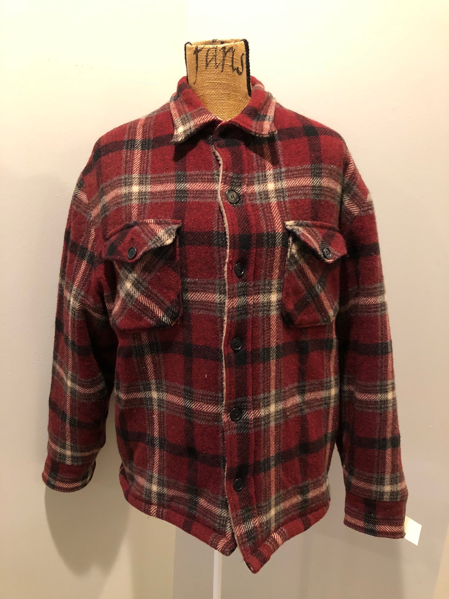 Kingspier Vintage - Woolrich Rugged Outdoor Wear red plaid wool jacket with button closures, two flap pockets and a fleece lining. Made in the USA. Size large.
