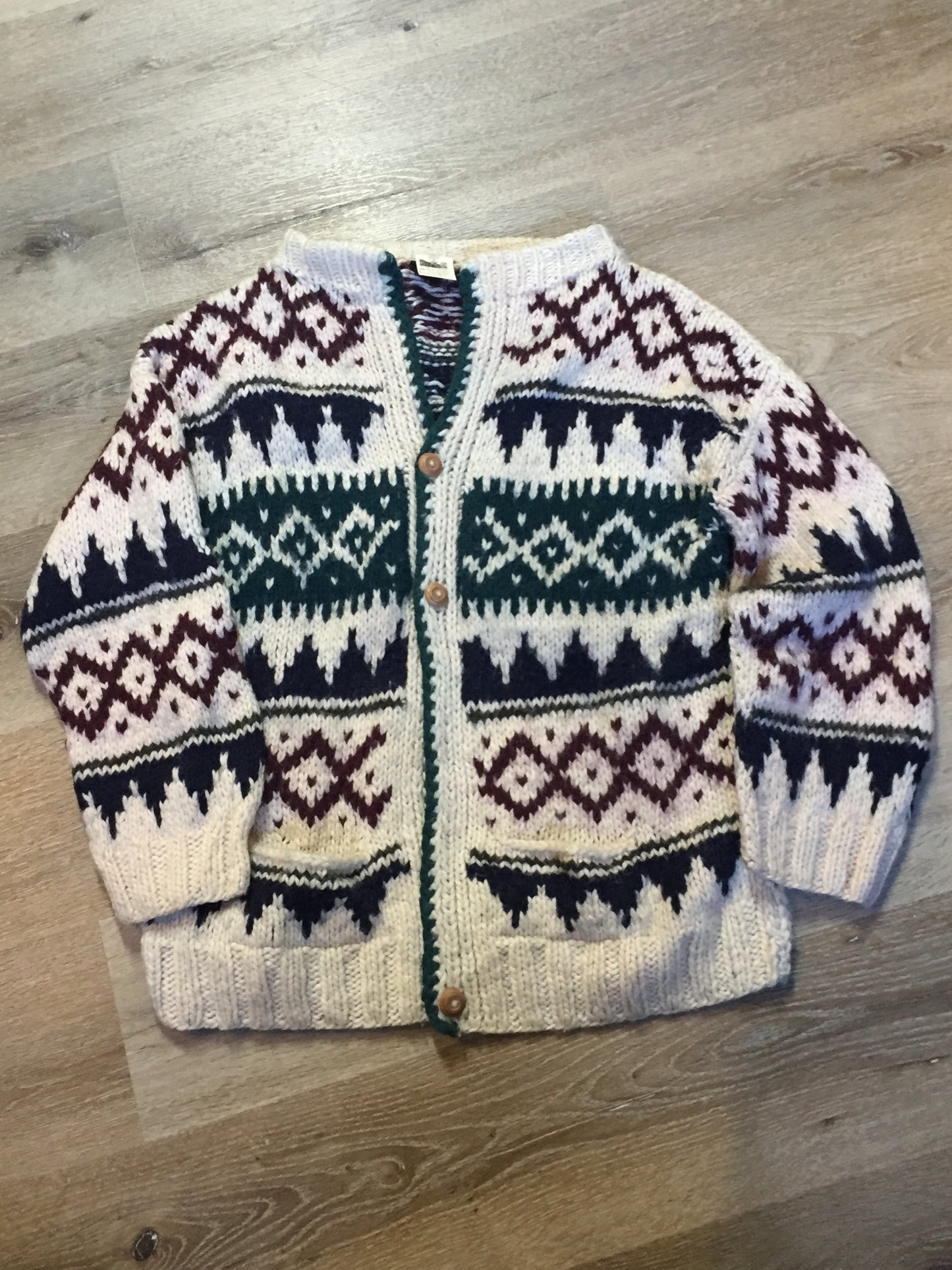 Kingspier Vintage - Vintage South American multi-cloloured wool cardigan with buttons and pockets. Size large.