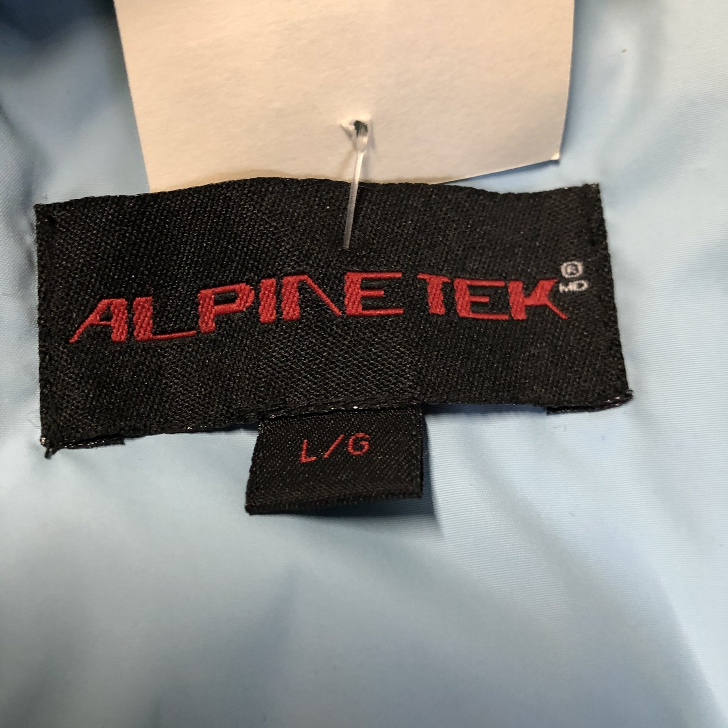 Kingspier Vintage - Alpinetek baby blue down filled puffer vest with zipper and snap closures, vertical zip pockets. Size large.