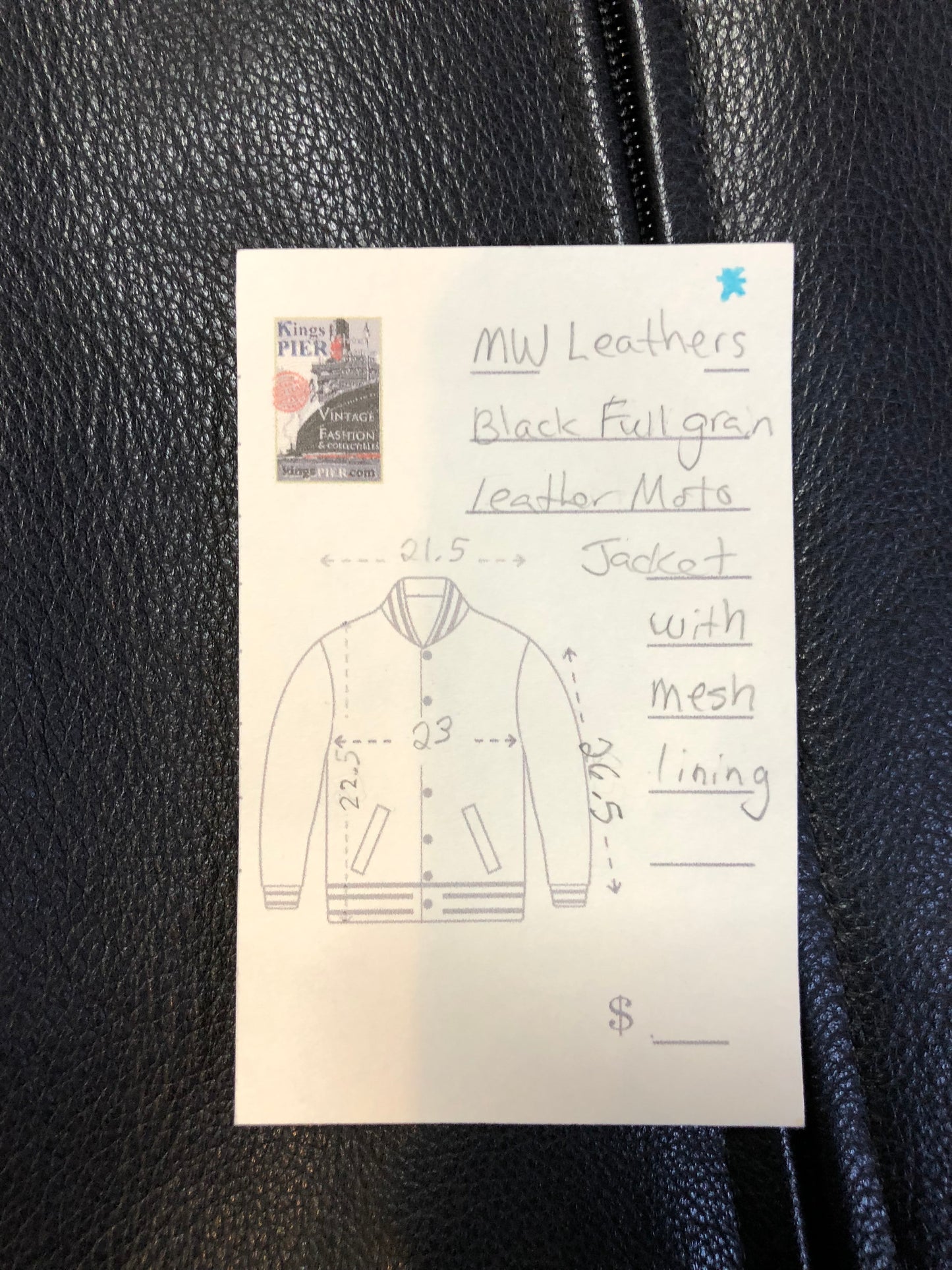 Kingspier Vintage - Vintage MW Leathers black full grain leather motorcycle jacket with mesh lining,snap collar, zipper closure, zip pockets and am inside pocket.
