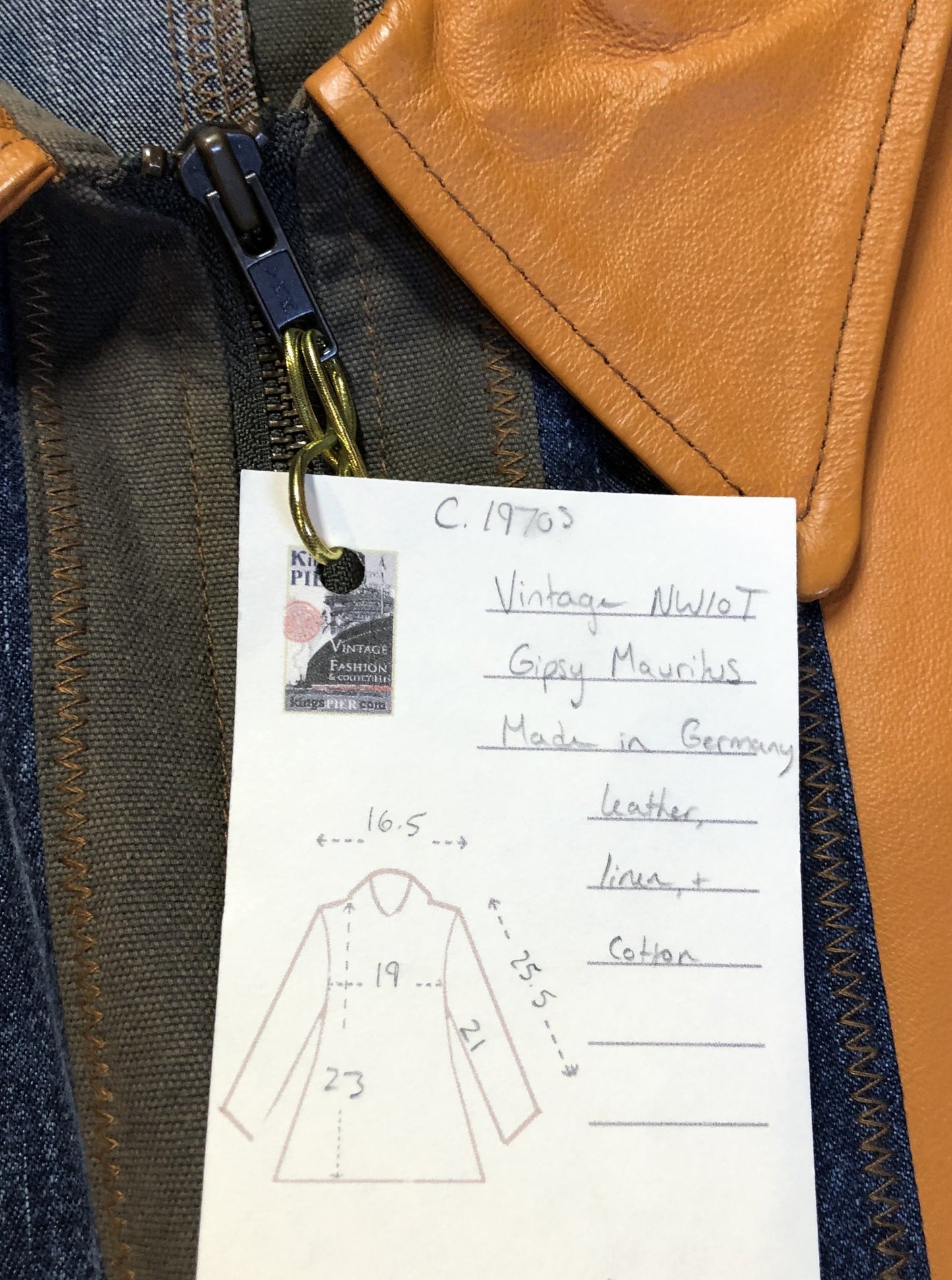 Kingspier Vintage - Very rare vintage 1970’s Gipsy Mauritius leather, suede and cotton patchwork jacket with zipper closure and patch pockets. Size small.