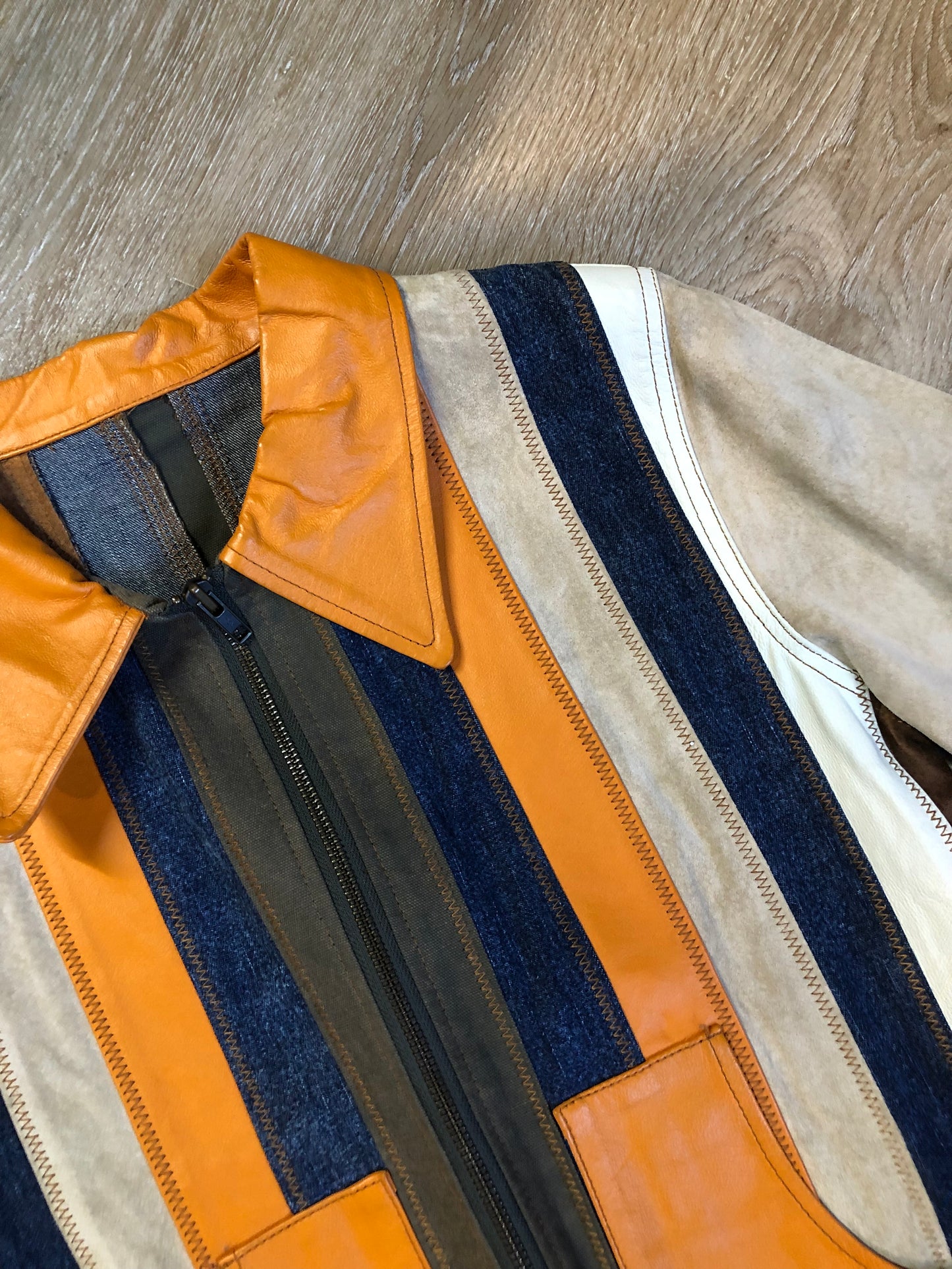 Kingspier Vintage - Very rare vintage 1970’s Gipsy Mauritius leather, suede and cotton patchwork jacket with zipper closure and patch pockets. Size small.