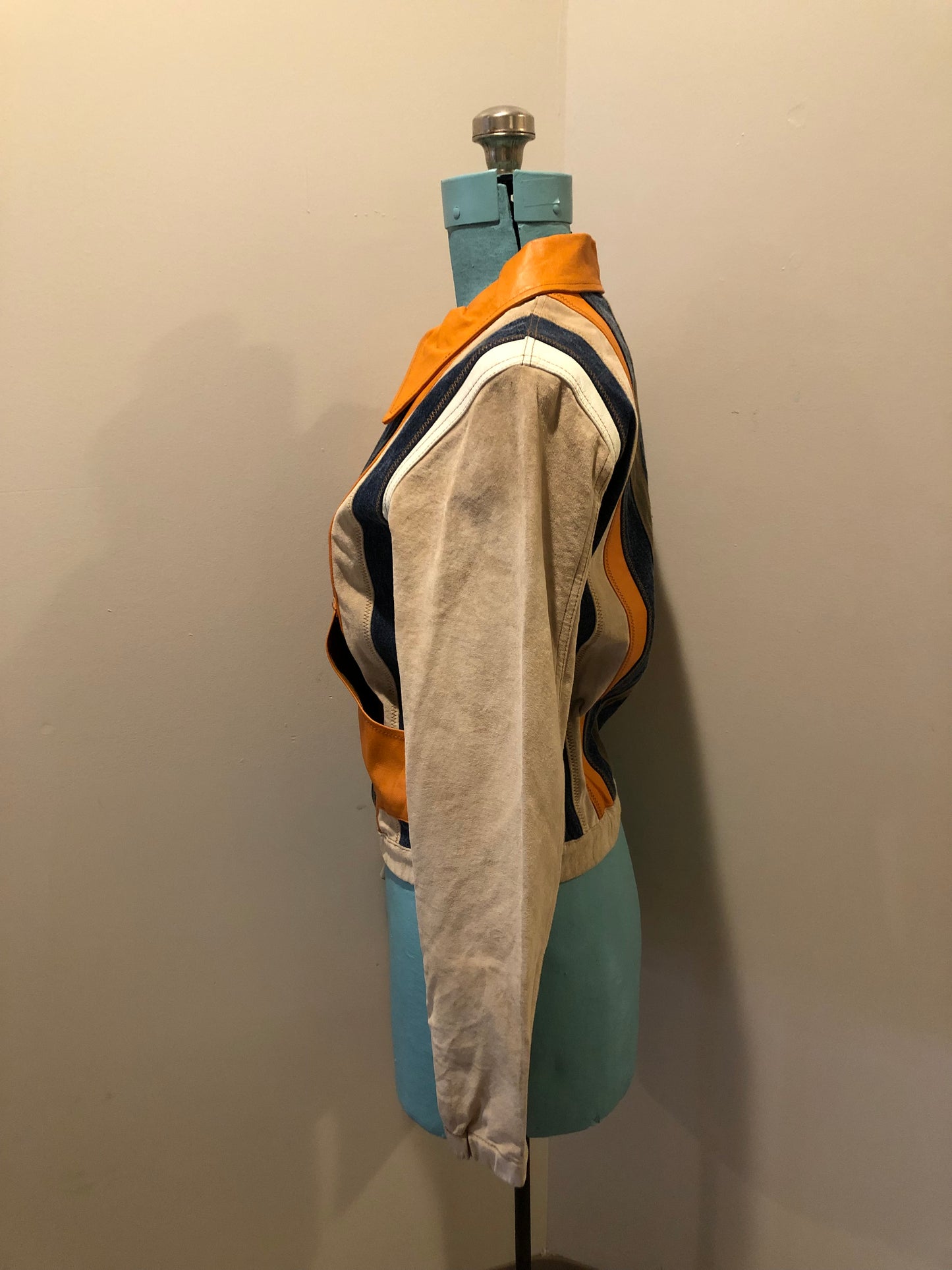 Kingspier Vintage - Very rare vintage 1970’s Gipsy Mauritius leather, suede and cotton patchwork jacket with zipper closure and patch pockets. Size small.