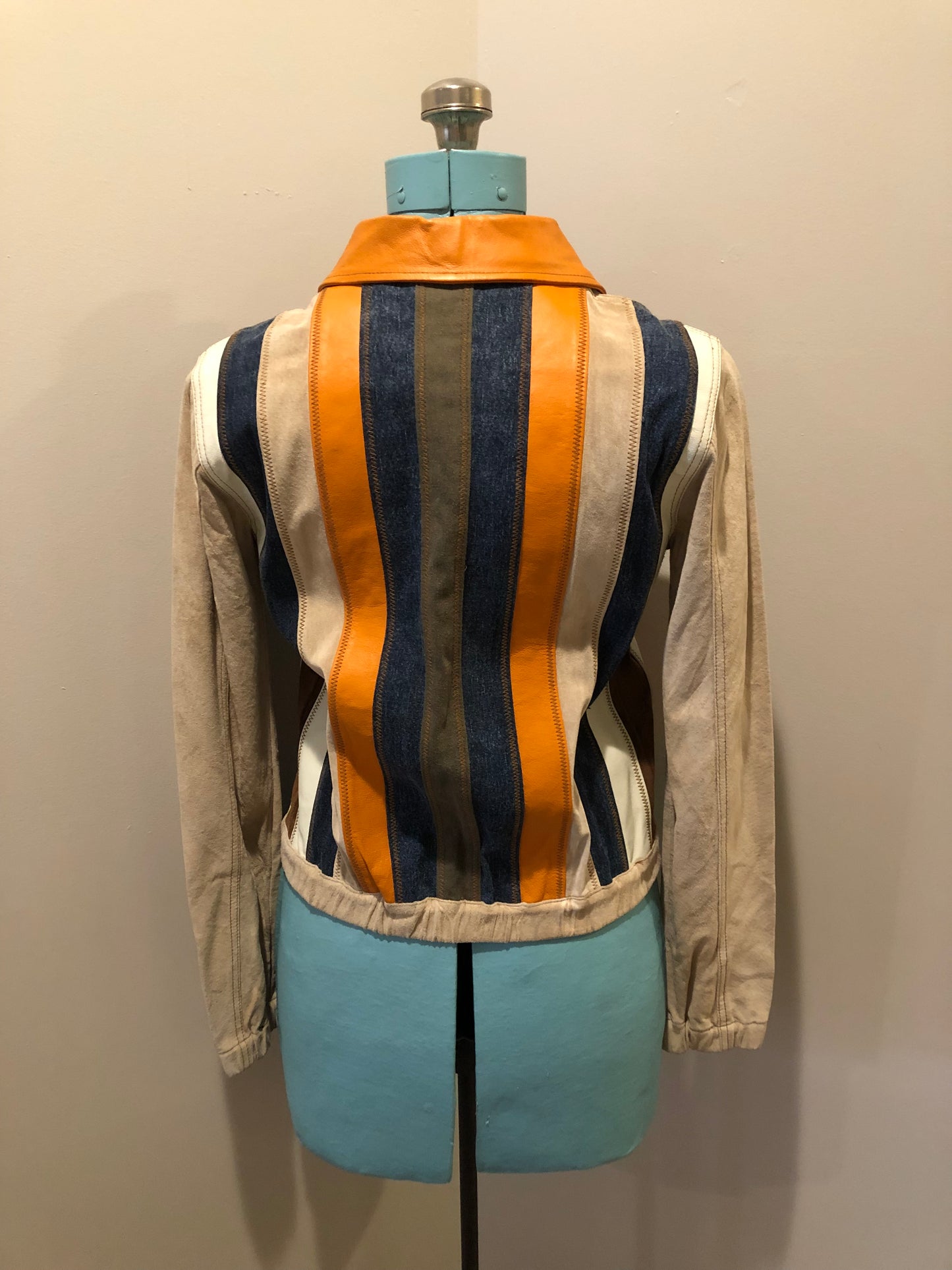 Kingspier Vintage - Very rare vintage 1970’s Gipsy Mauritius leather, suede and cotton patchwork jacket with zipper closure and patch pockets. Size small.