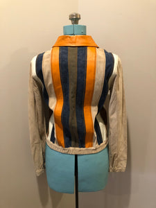 Kingspier Vintage - Very rare vintage 1970’s Gipsy Mauritius leather, suede and cotton patchwork jacket with zipper closure and patch pockets. Size small.