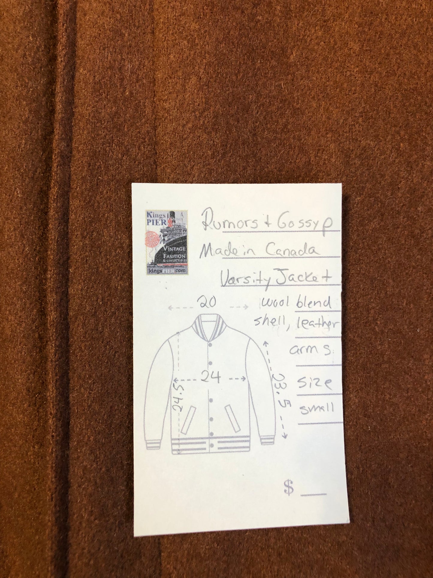 Kingspier Vintage - Rumors and Gossyp brown wool blend varsity style jacket with very soft leather sleeves, snap closures, vertical pockets, knit trim and quilted lining. Made in Canada. Size small.
