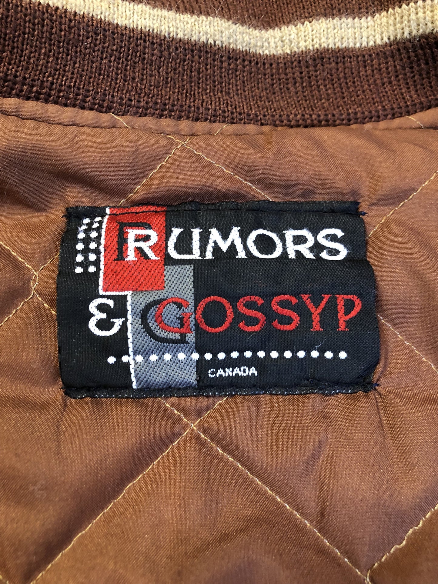 Kingspier Vintage - Rumors and Gossyp brown wool blend varsity style jacket with very soft leather sleeves, snap closures, vertical pockets, knit trim and quilted lining. Made in Canada. Size small.