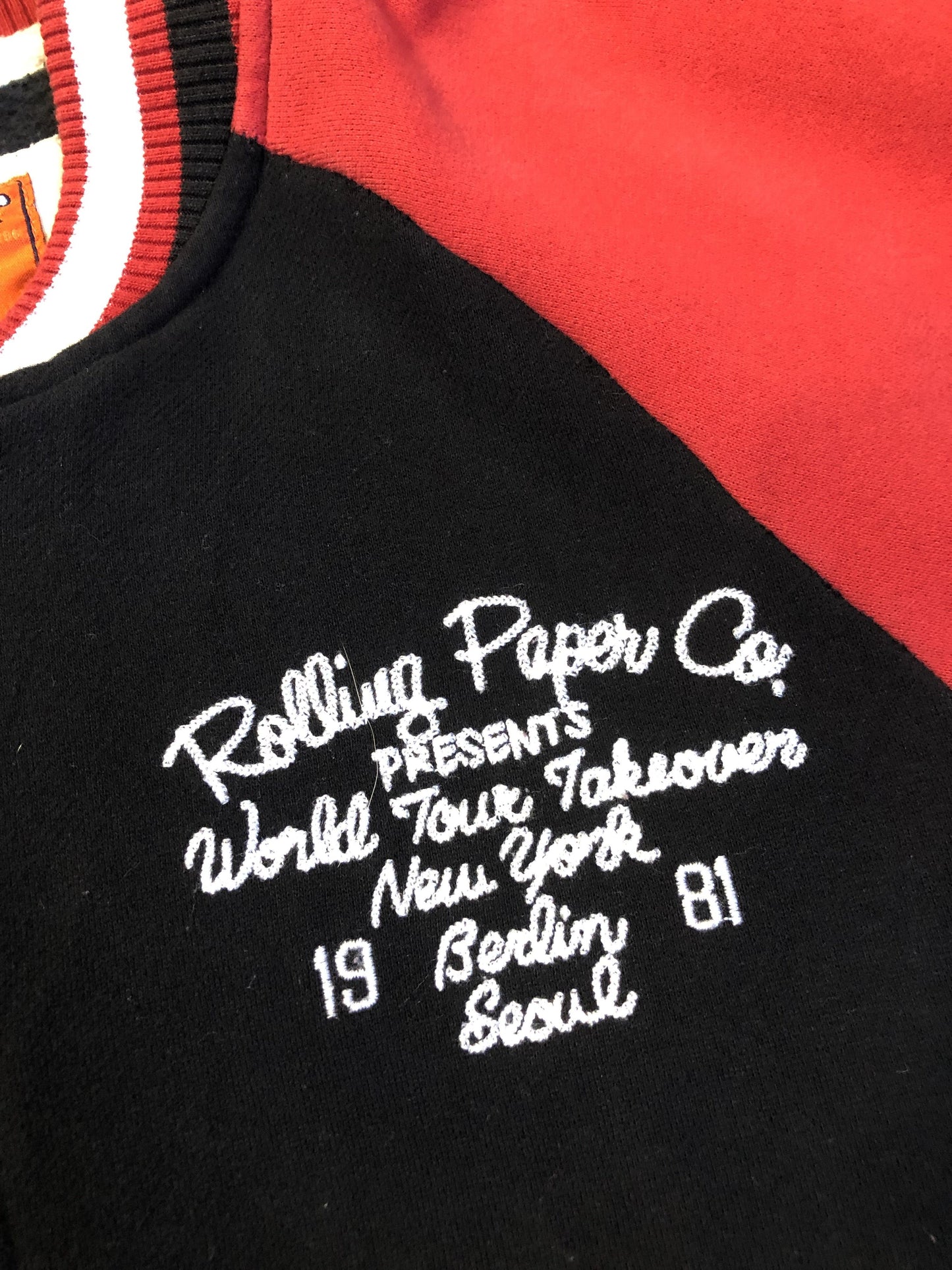 Kingspier Vintage - Vintage 1980’s Rolling Paper Co. varsity style jacket with snap closures and slash pockets. Cotton/ polyester blend. Size medium.