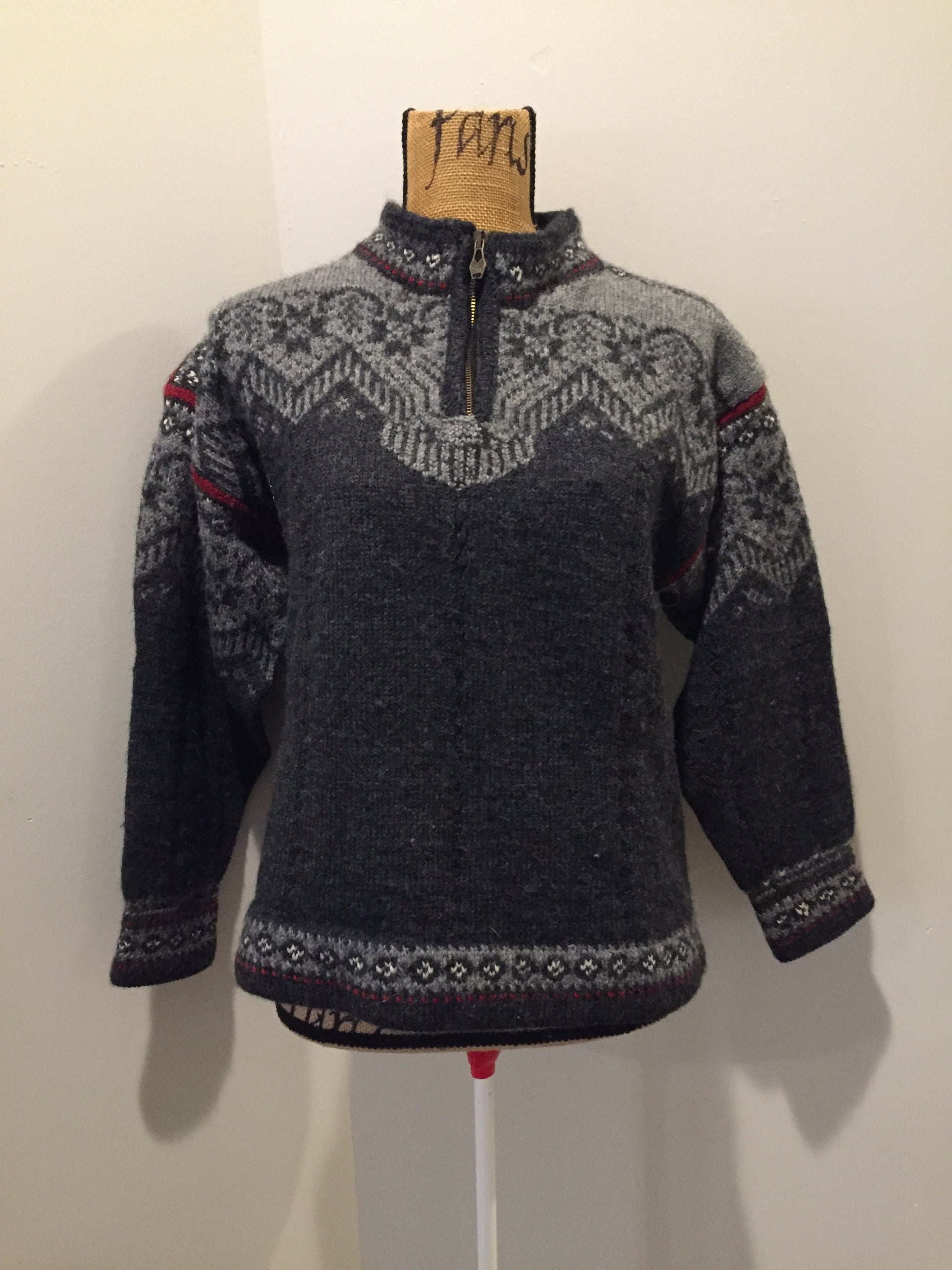 Kingspier Vintage - Handmade grey, red and white wool Norwegian style quarter zip sweater.