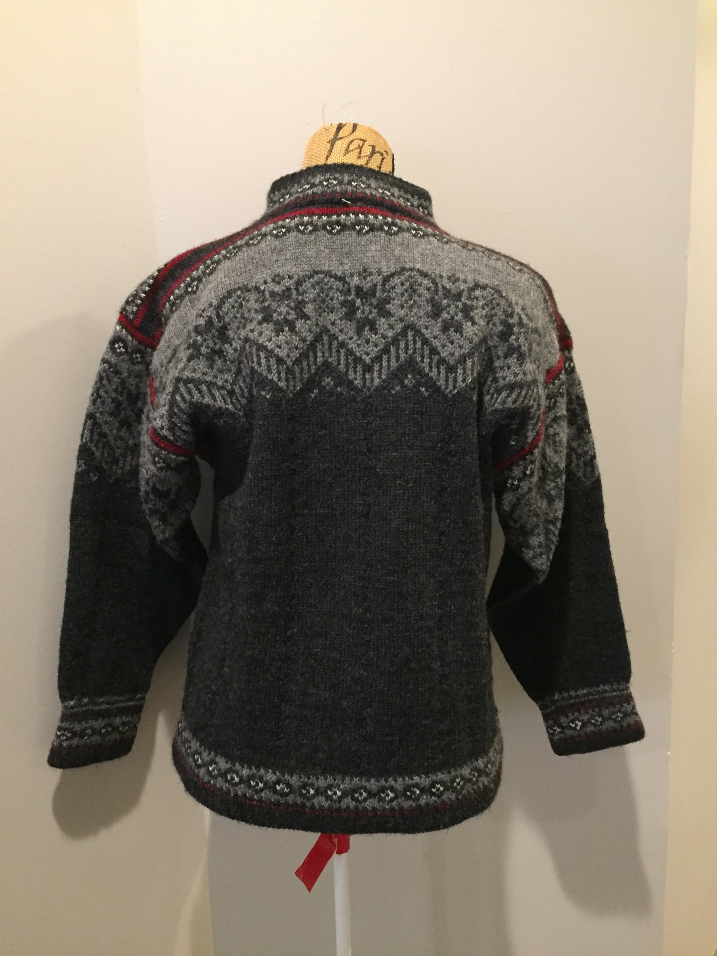 Kingspier Vintage - Handmade grey, red and white wool Norwegian style quarter zip sweater.