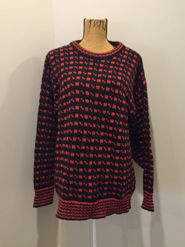 Kingspier Vintage - Hand knit black and red heritage print wool sweater. Made in Canada. Size L/XL.