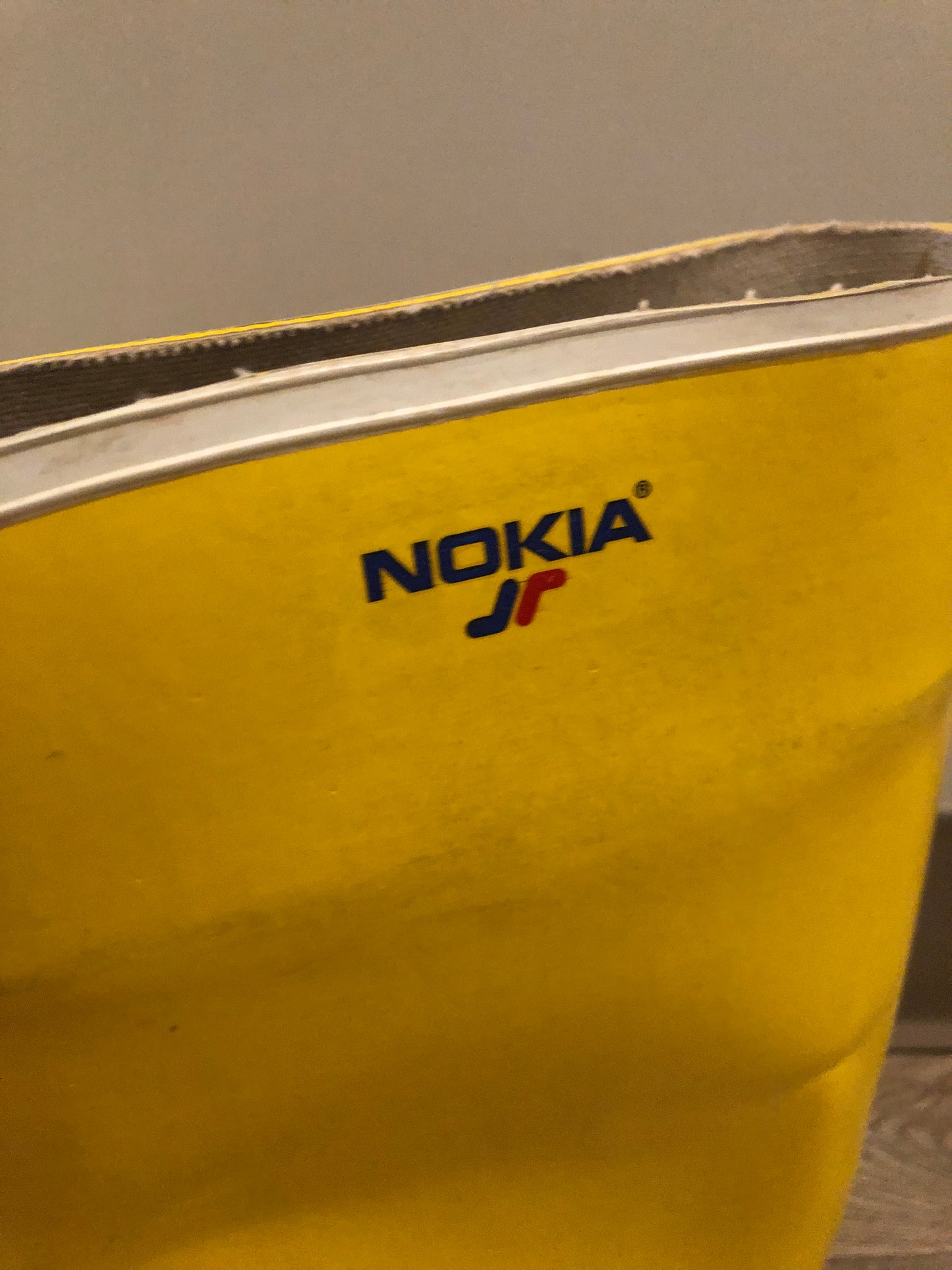 Original Nokia yellow and white rubber sailing boots circa 1980’s are handmade in Finland by the same company that makes cell phones. Nokia no longer makes boots. Size 13M /15W US, 46 EUR