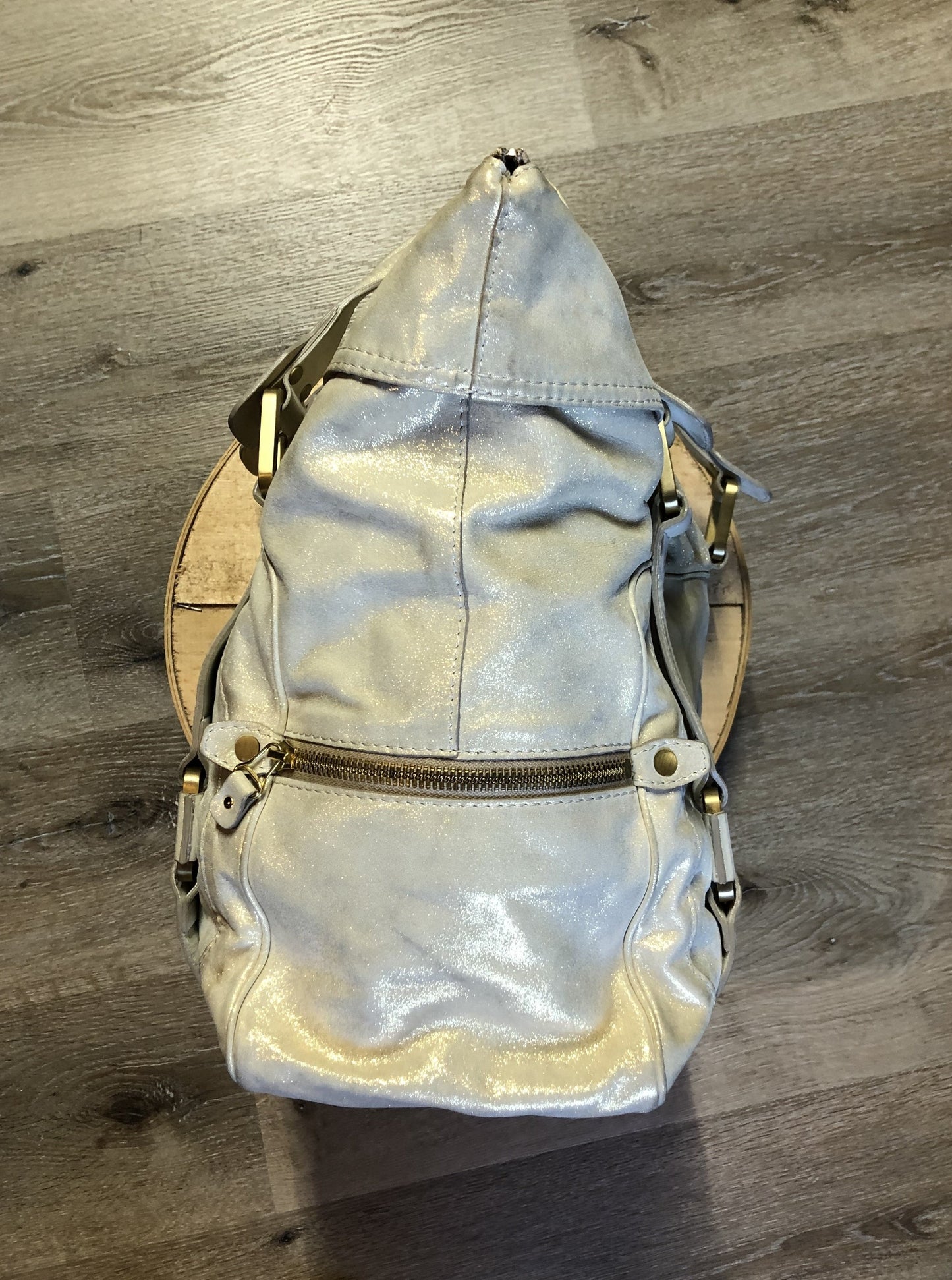 Kingspier Vintage - Authentic Jimmy Choo Melena XL tote in Iridescent white calfskin leather with zip closures, gold hardware and suede lining.