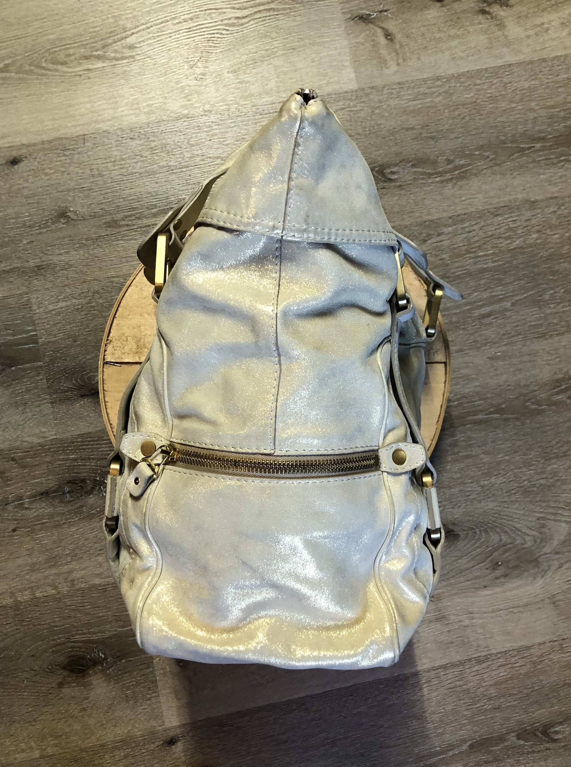 Kingspier Vintage - Authentic Jimmy Choo Melena XL tote in Iridescent white calfskin leather with zip closures, gold hardware and suede lining.