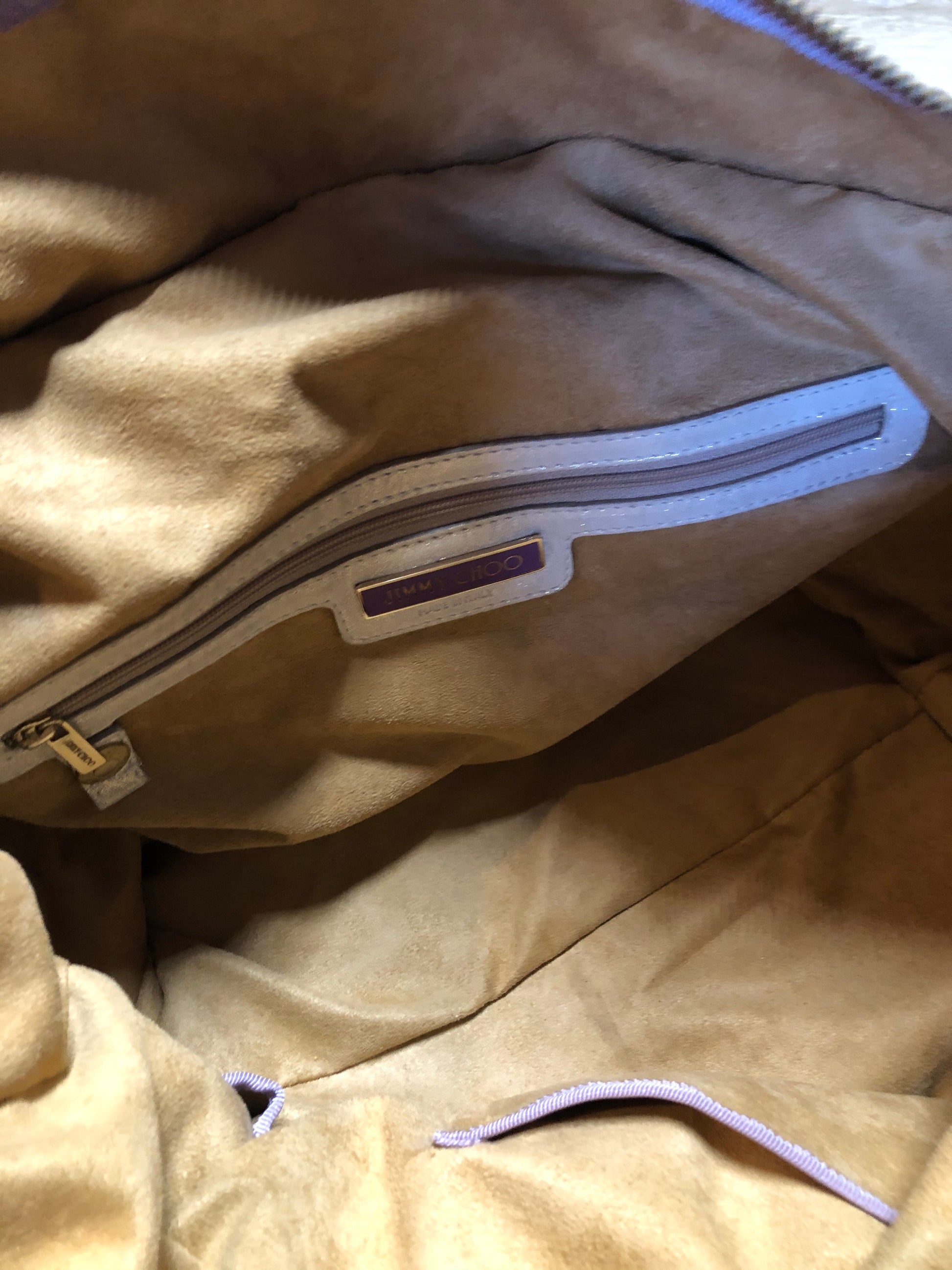 Kingspier Vintage - Authentic Jimmy Choo Melena XL tote in Iridescent white calfskin leather with zip closures, gold hardware and suede lining.