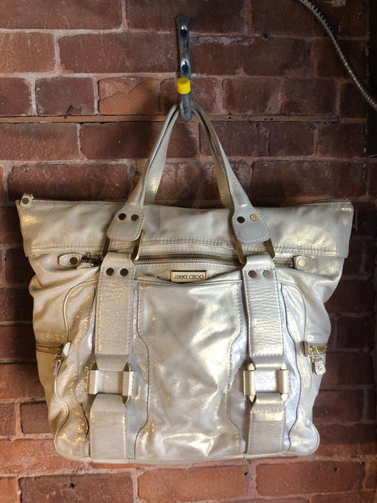 Kingspier Vintage - Authentic Jimmy Choo Melena XL tote in Iridescent white calfskin leather with zip closures, gold hardware and suede lining.