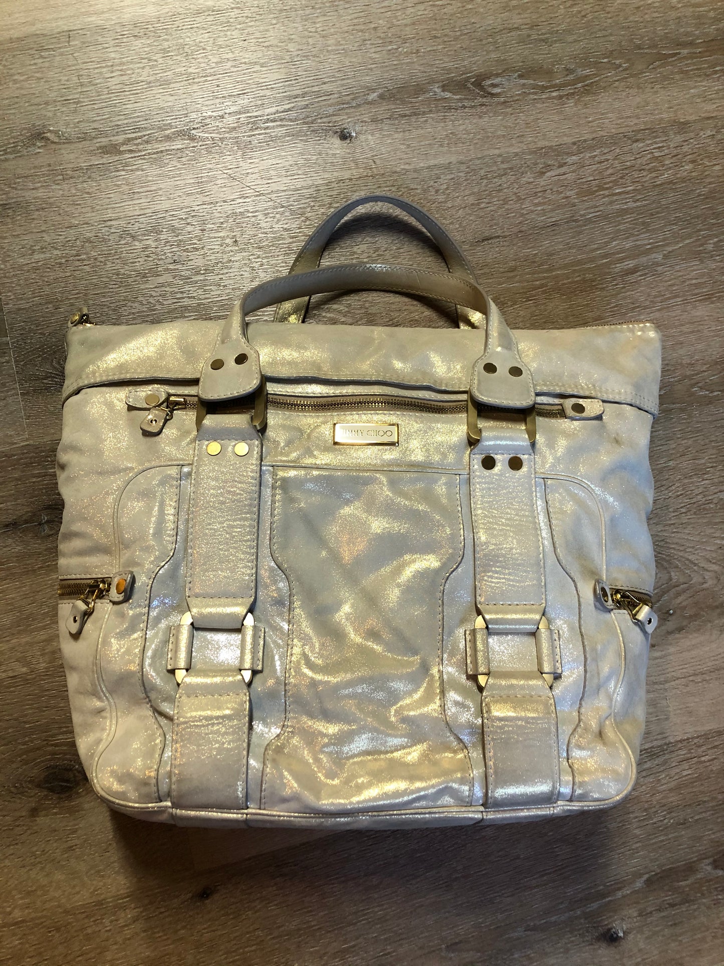 Kingspier Vintage - Authentic Jimmy Choo Melena XL tote in Iridescent white calfskin leather with zip closures, gold hardware and suede lining.