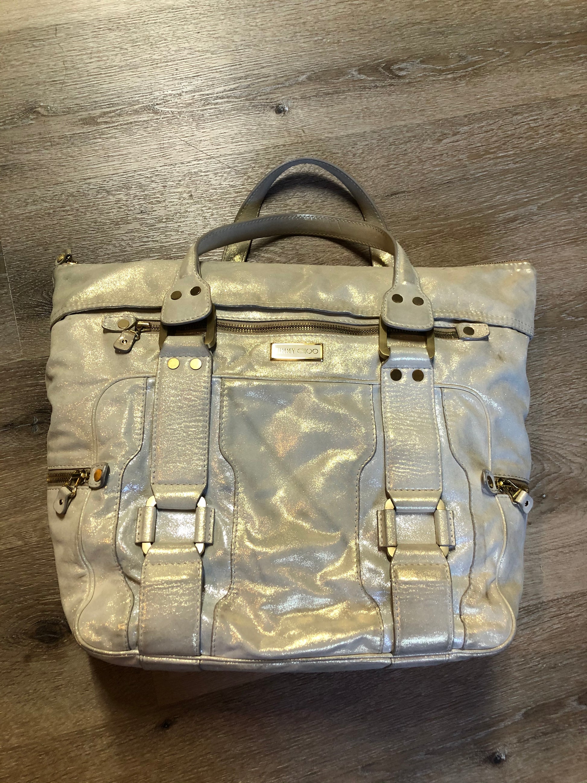 Kingspier Vintage - Authentic Jimmy Choo Melena XL tote in Iridescent white calfskin leather with zip closures, gold hardware and suede lining.