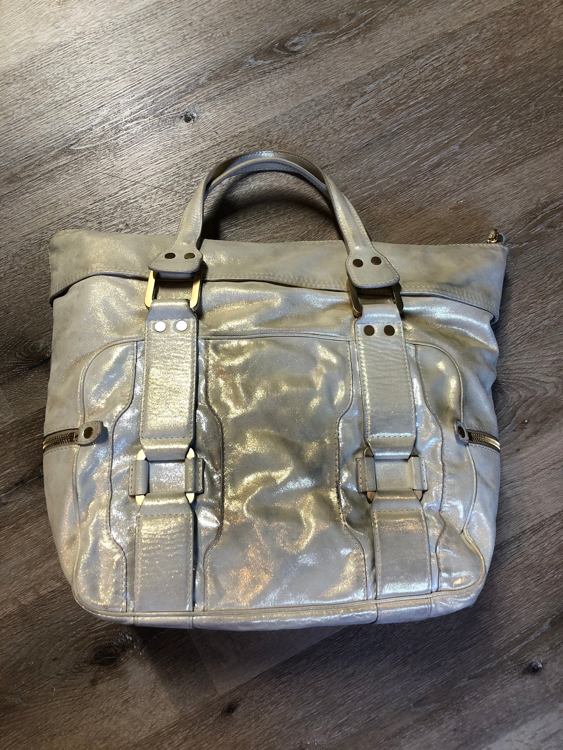 Kingspier Vintage - Authentic Jimmy Choo Melena XL tote in Iridescent white calfskin leather with zip closures, gold hardware and suede lining.