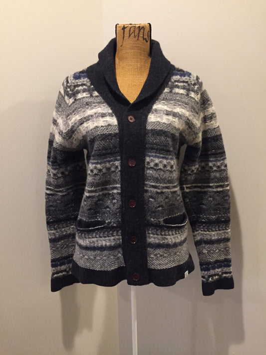 Kingspier Vintage - Norse Projects grey, white, blue and black wool sweater with shawl collar. Made in Denmark. Size large.