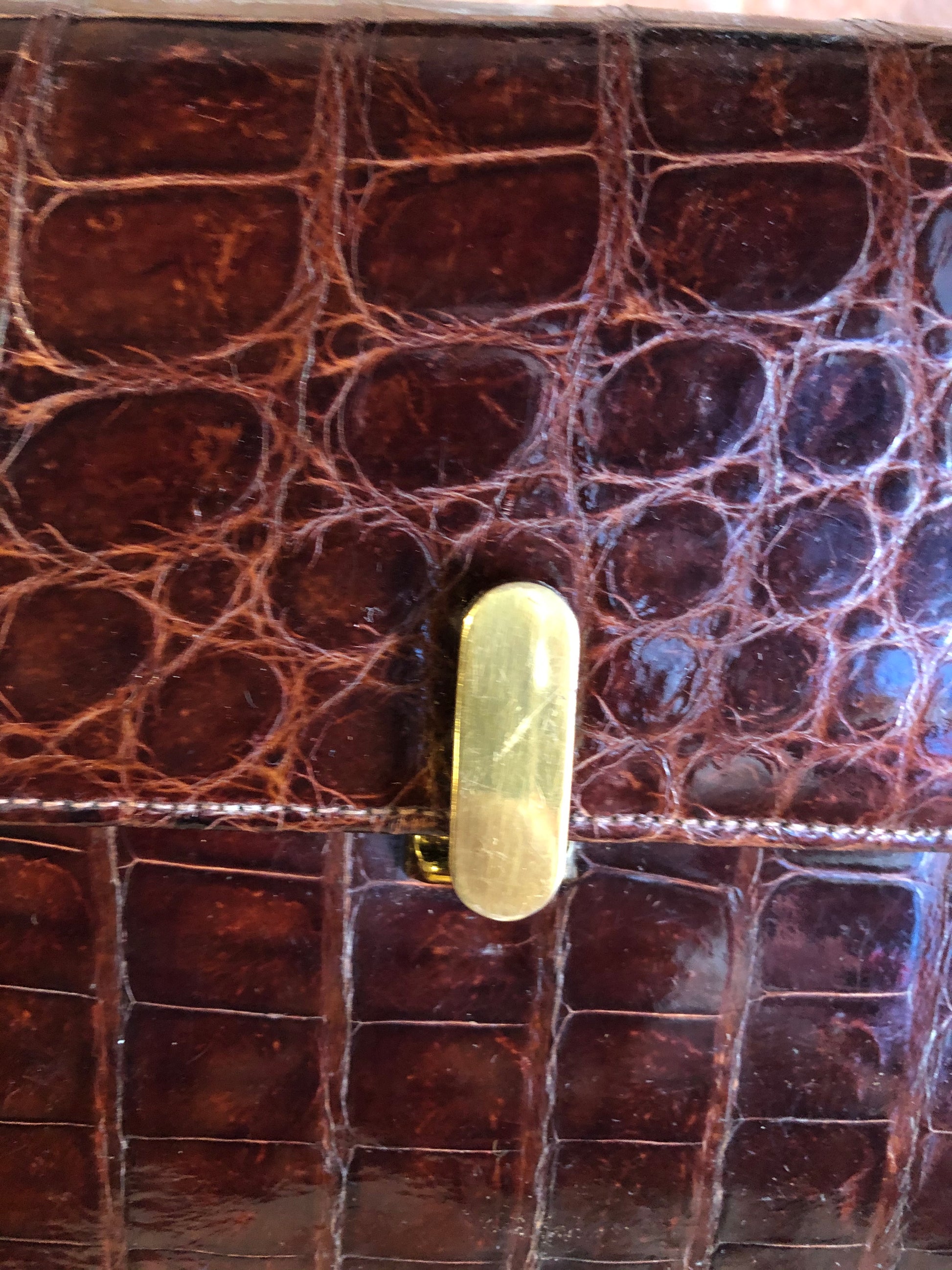 Kingspier Vintage - Bellestone red/brown lizard handbag, circa 1970’s with top handle, leather lining, brass hardware and clasp closure.