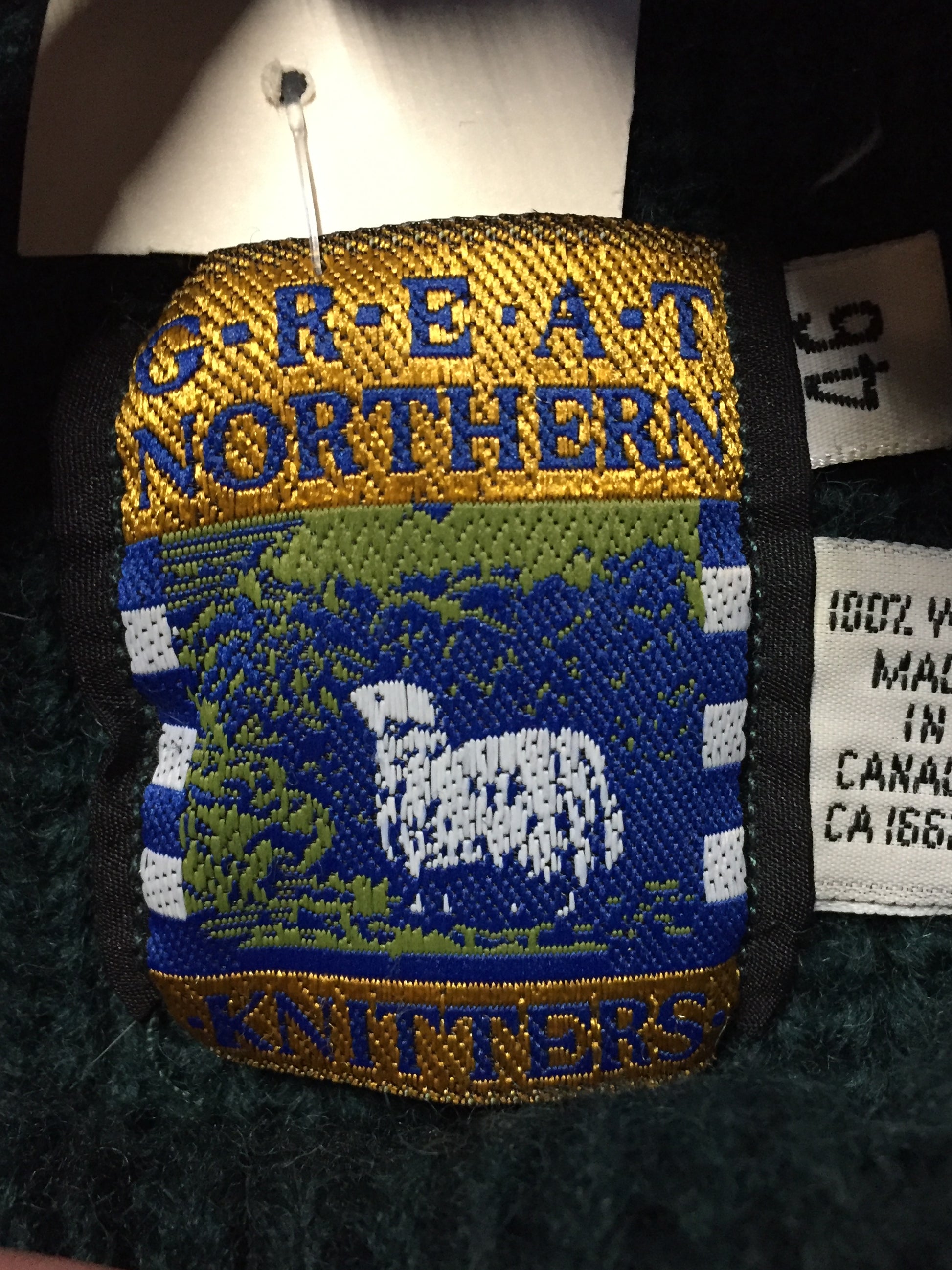 Kingspier Vintage - Great Northern Knitters green wool button up sweater. Made in Canada, Size M/L.