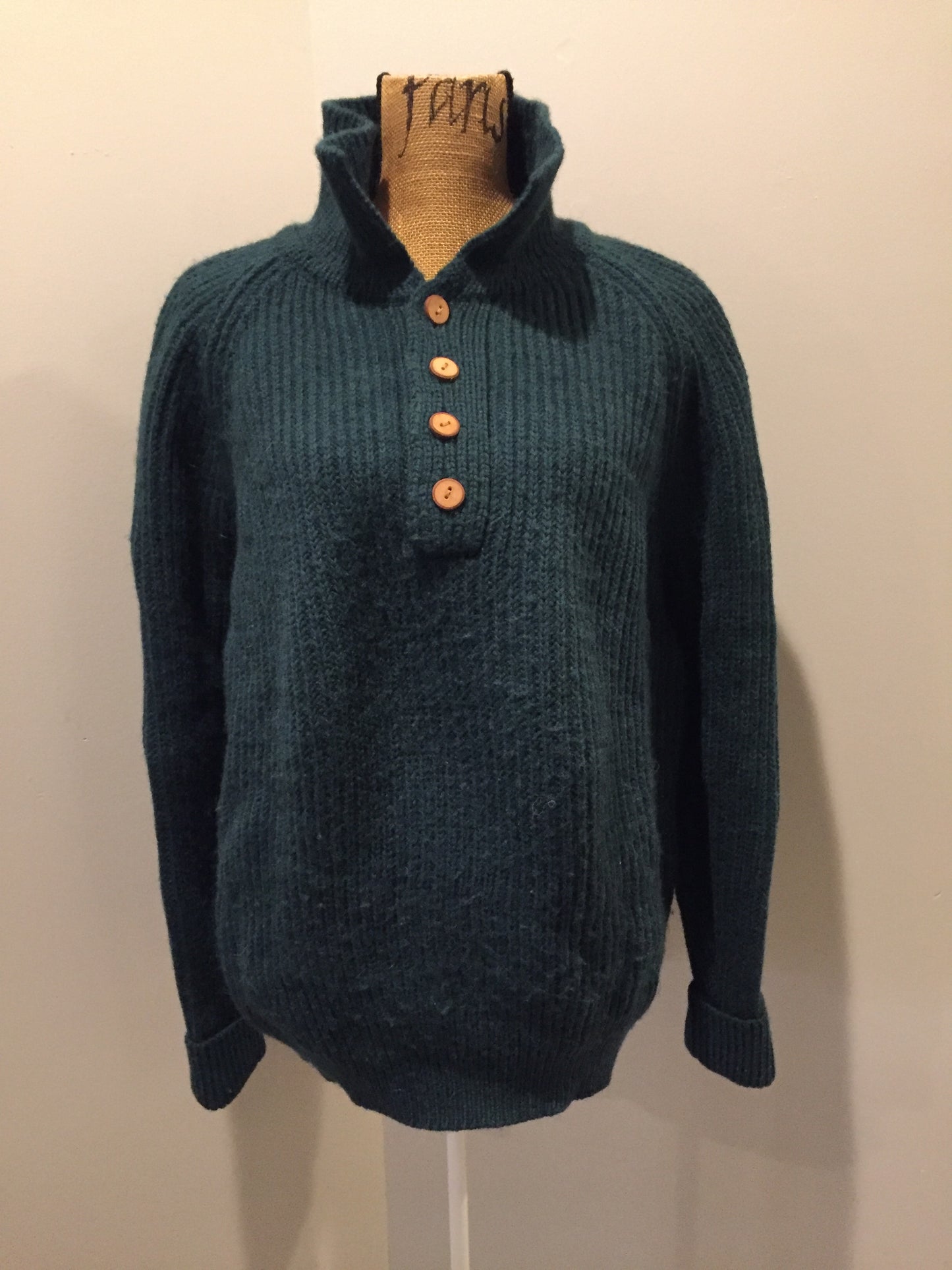 Kingspier Vintage - Great Northern Knitters green wool button up sweater. Made in Canada, Size M/L.