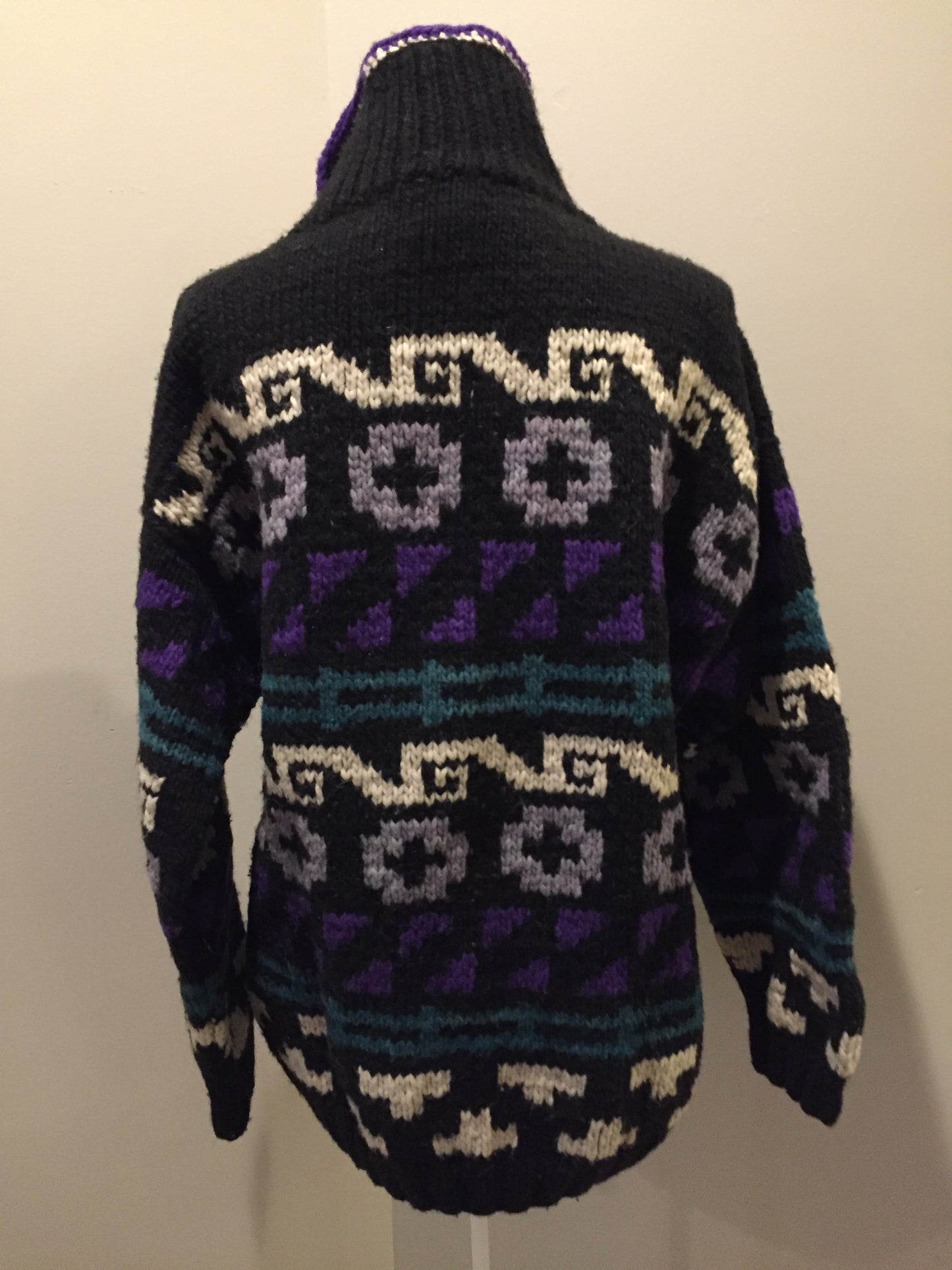 Kingspier Vintage - Amos & Andes Imports quarter button up wool sweater in black, purple, green and cream. Made in Ecuador. Size XL.