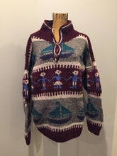 Load image into Gallery viewer, Kingspier Vintage - Amos &amp; Andes Imports multi-coloured quarter button up wool sweater with sailboat motif. Made in Ecuador.
