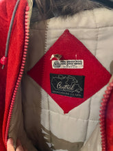 Load image into Gallery viewer, Vintage Central Sportswear Co. red 100% pure virgin wool northern parka with zipper closure, handwarmer pockets, quilted lining, fur trimmed hood and embroidered northern life motif.
 
Made in Canada
Size 12
