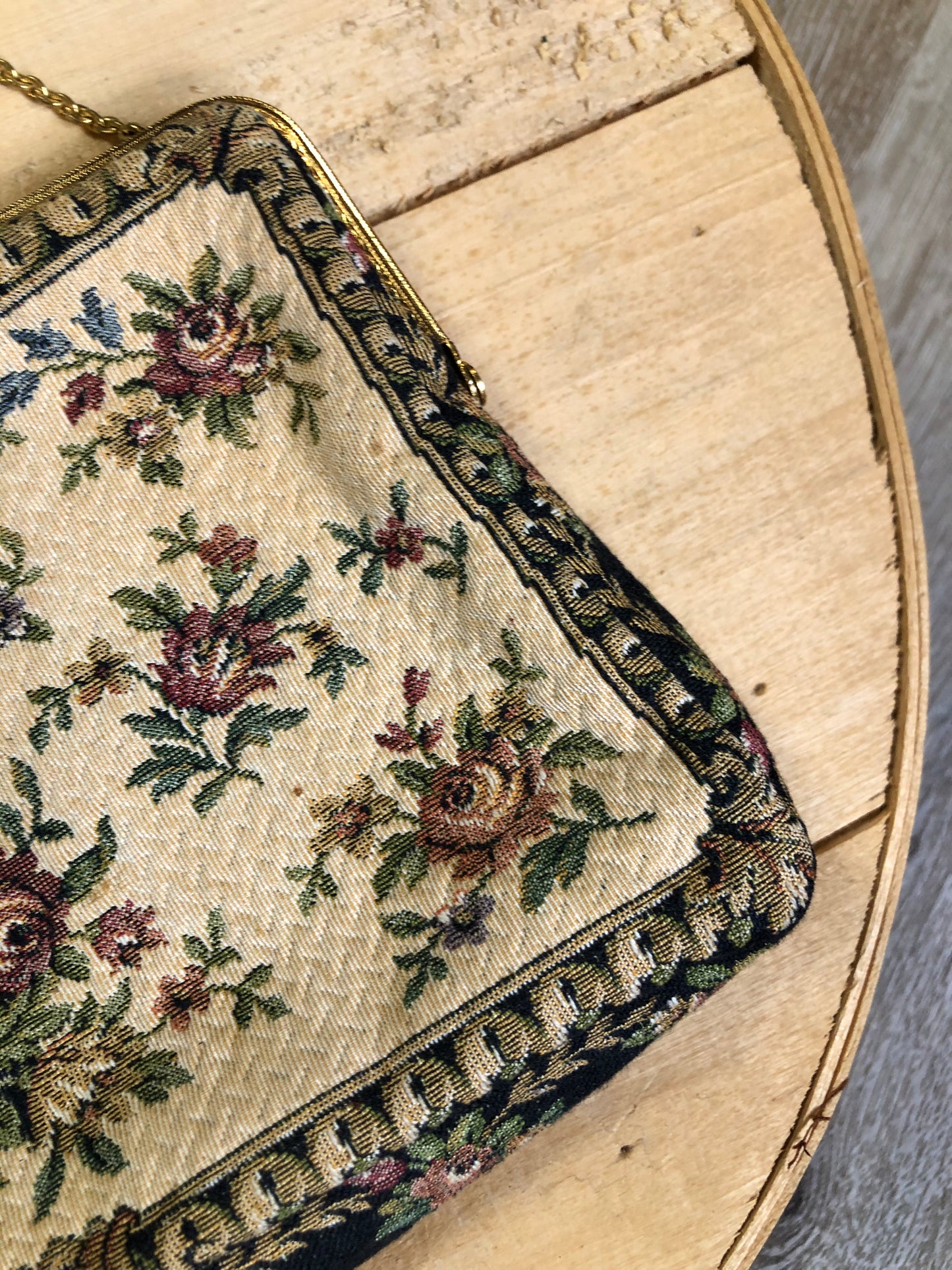Kingspier Vintage - Tapestry handbag with brass chain and hardware. Made in West Germany.