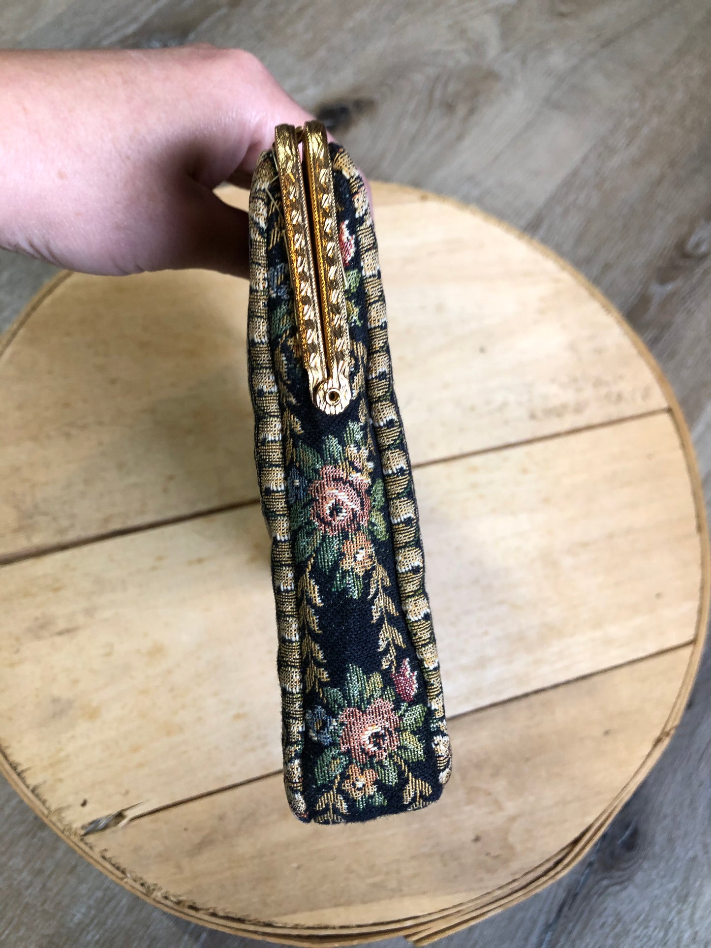 Kingspier Vintage - Tapestry handbag with brass chain and hardware. Made in West Germany.