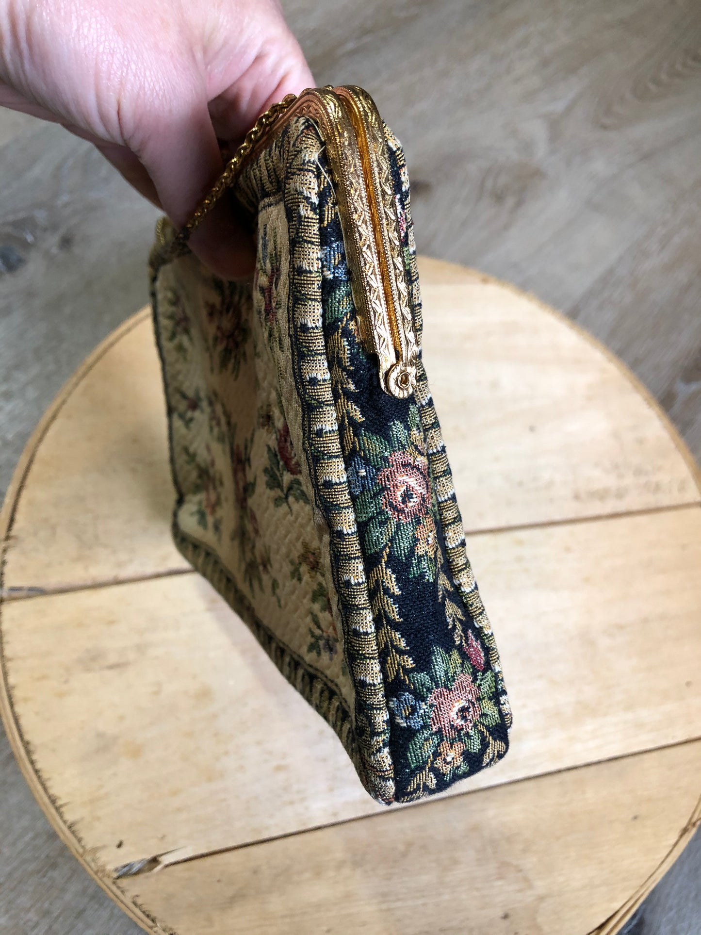 Kingspier Vintage - Tapestry handbag with brass chain and hardware. Made in West Germany.