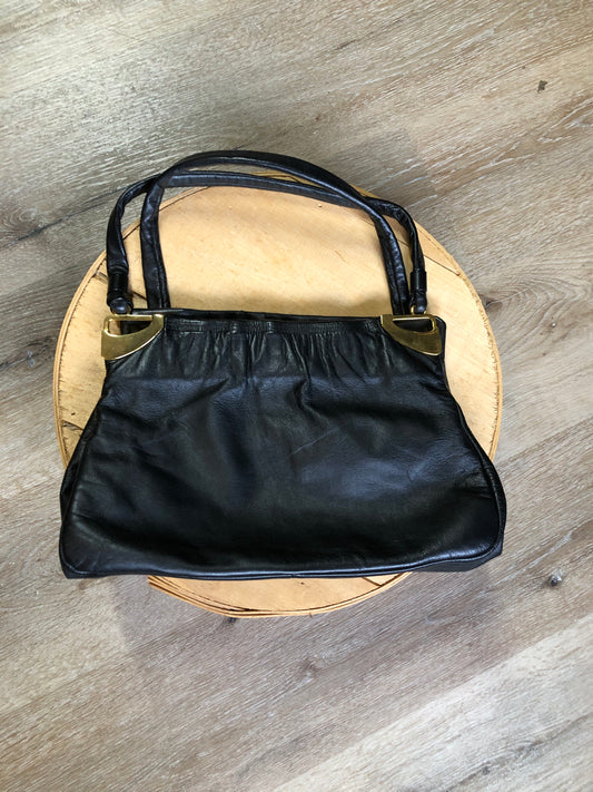 Kingspier Vintage - Jane Shilton black leather handbag with top handle, gold hardware and inside change purse compartment.