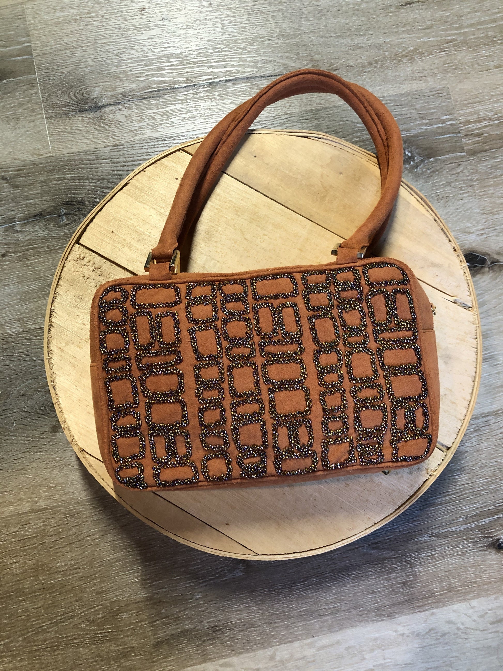 Kingspier Vintage - Inge Christopher orange suede handbag with iridescent beading, top handle and zip closure.