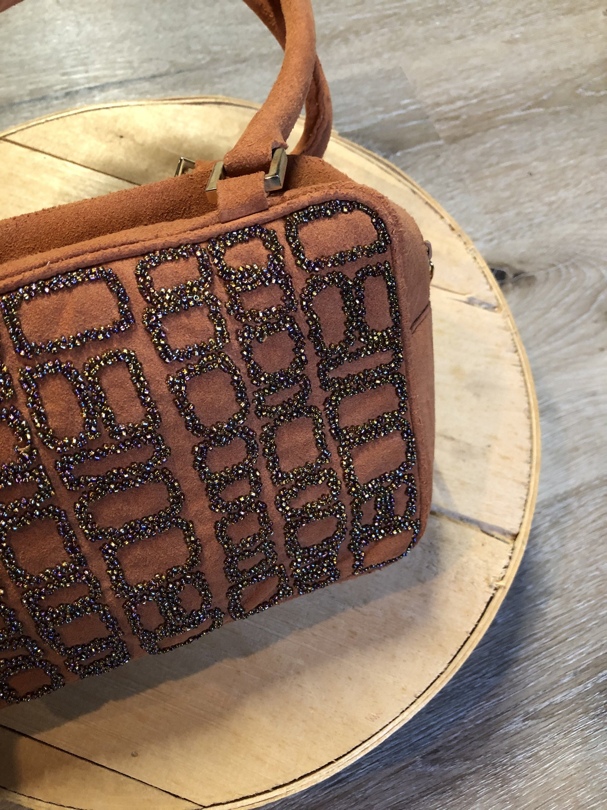 Kingspier Vintage - Inge Christopher orange suede handbag with iridescent beading, top handle and zip closure.