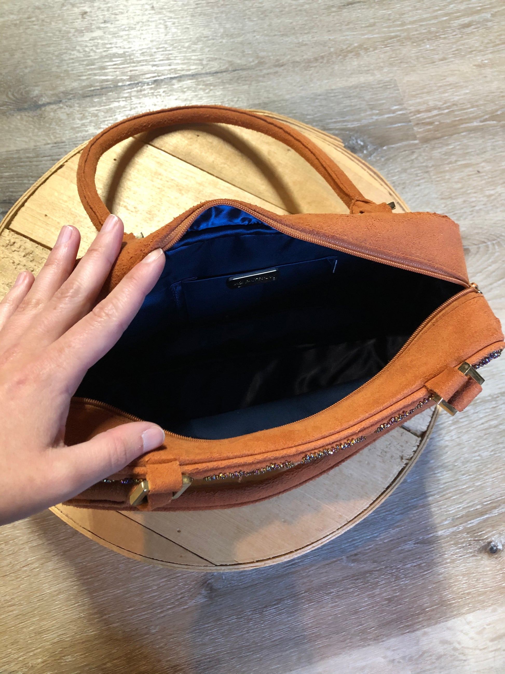 Kingspier Vintage - Inge Christopher orange suede handbag with iridescent beading, top handle and zip closure.