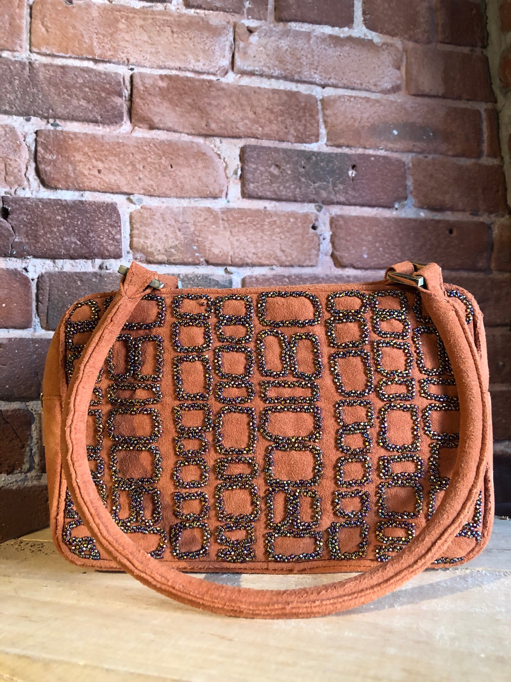 Kingspier Vintage - Inge Christopher orange suede handbag with iridescent beading, top handle and zip closure.