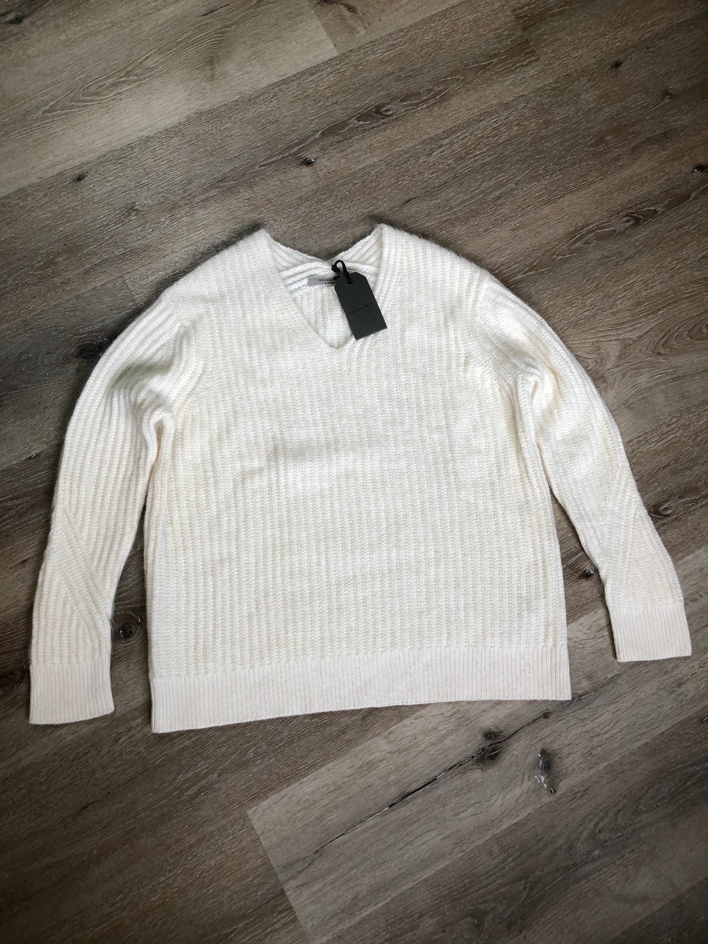Kingspier Vintage - All Saints mohair blend ribbed knit v-neck sweater in cream. Size XS.