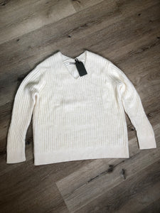Kingspier Vintage - All Saints mohair blend ribbed knit v-neck sweater in cream. Size XS.