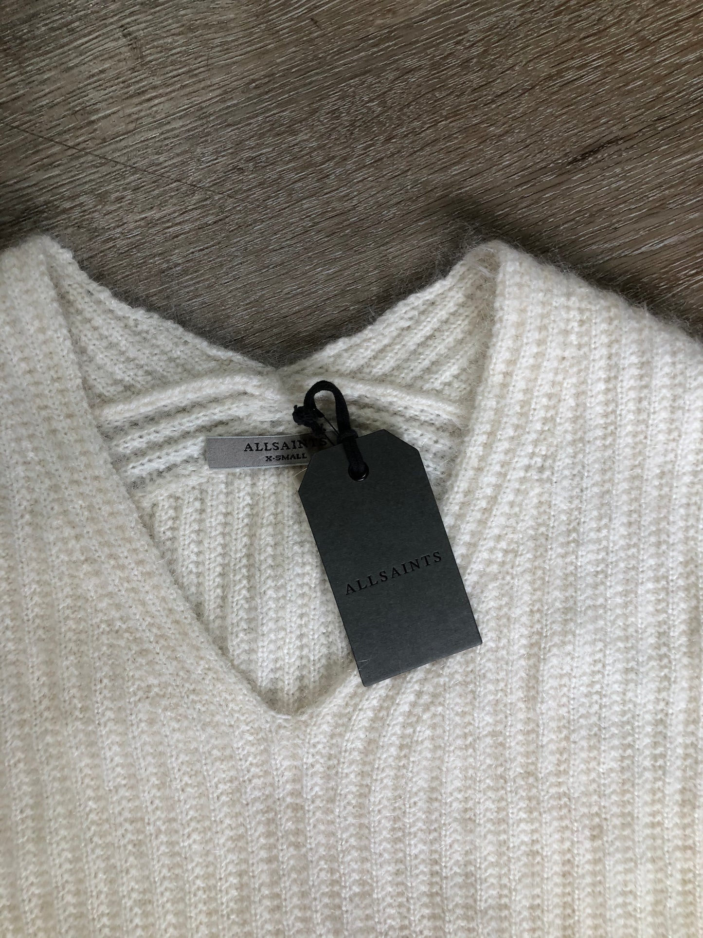 Kingspier Vintage - All Saints mohair blend ribbed knit v-neck sweater in cream. Size XS.