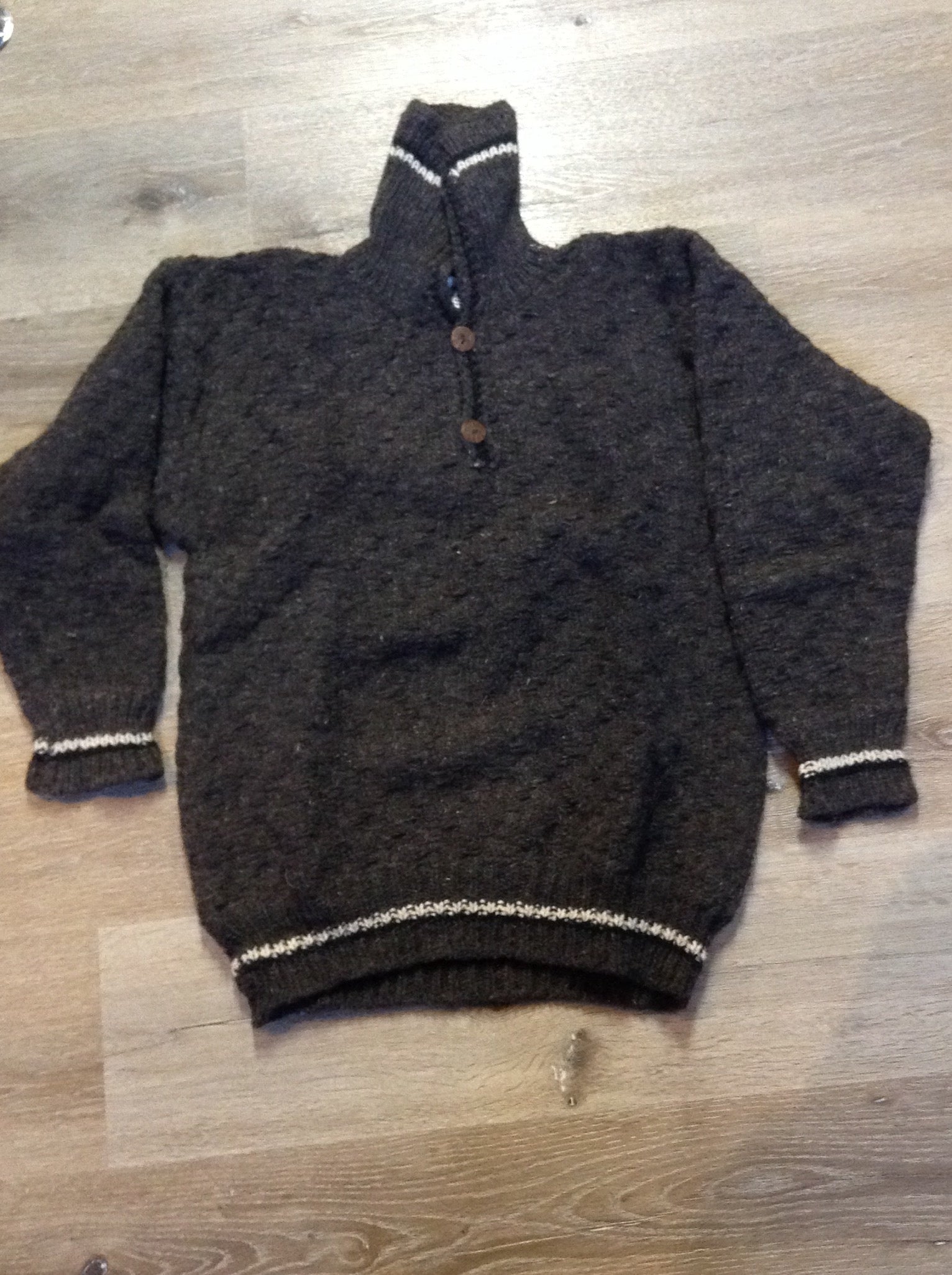 Kingspier Vintage - Casbah imports wool sweater in grey with black and white stripe and two buttons at the collar. Size medium.