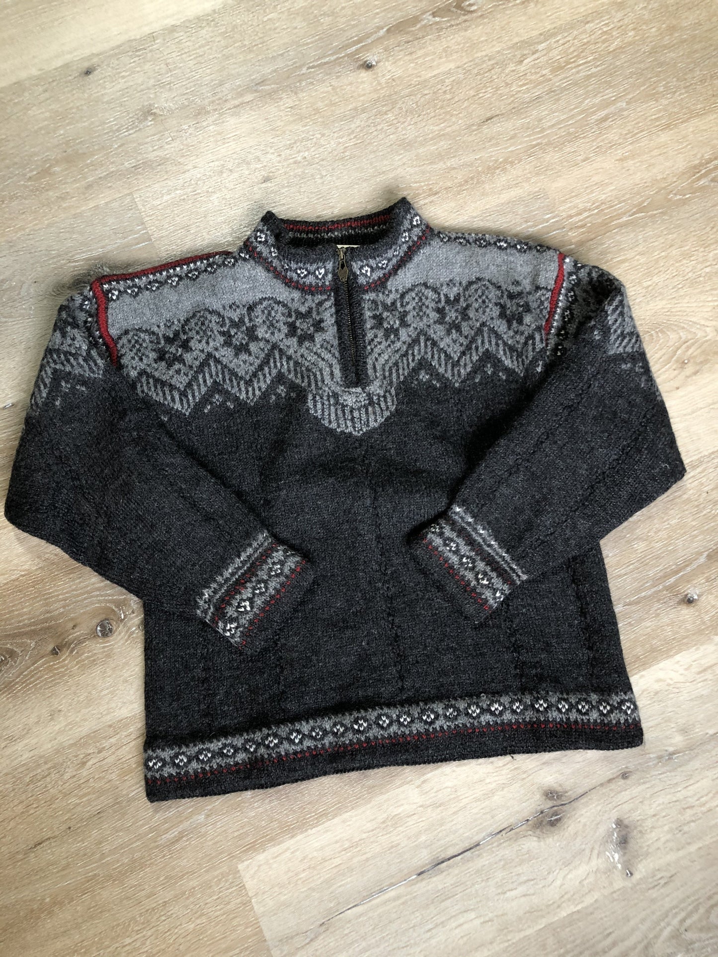 Kingspier Vintage - Handmade grey, red and white wool Norwegian style quarter zip sweater.