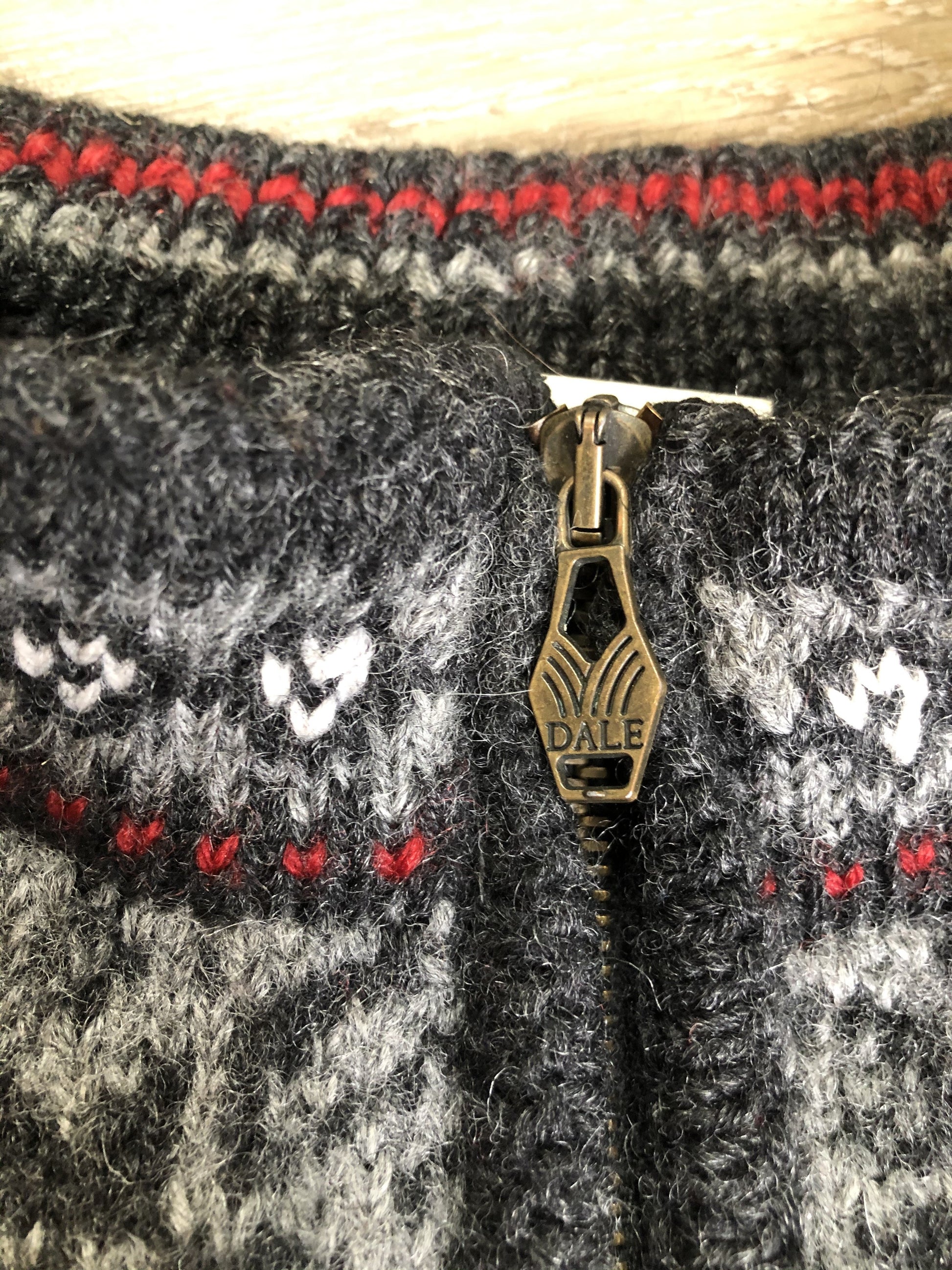 Kingspier Vintage - Handmade grey, red and white wool Norwegian style quarter zip sweater.